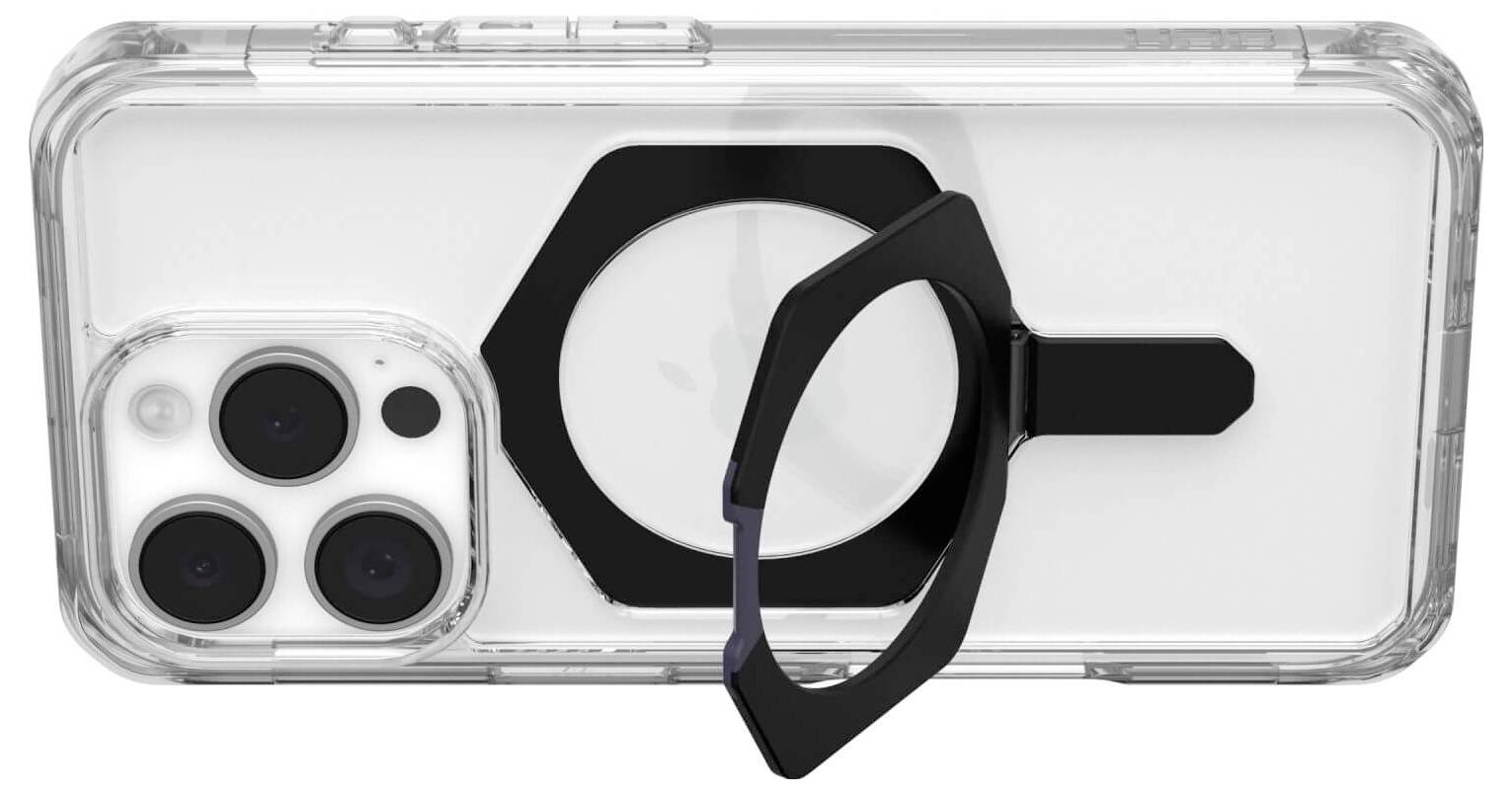 Przezroczyste etui na smartfona z czarnym uchwytem pierścieniowym na tylnej stronie, z wycięciami na aparat i podwyższoną krawędzią ochronną.