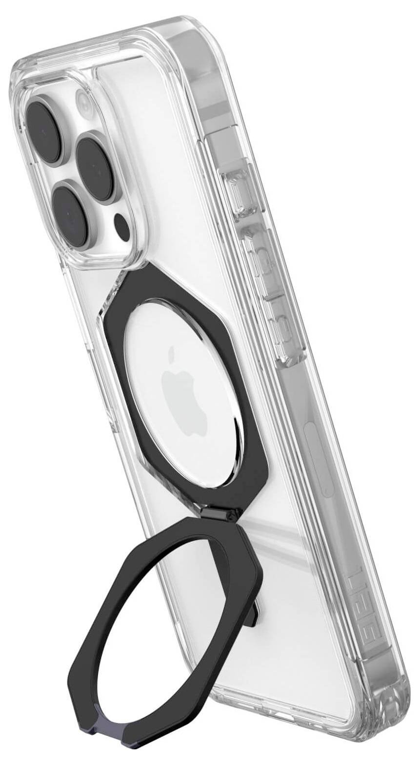 Telefon komórkowe z przezroczystą obudową ochronną i czarnym, sześciokątnym pierścieniem magnetycznym na tylnej części.