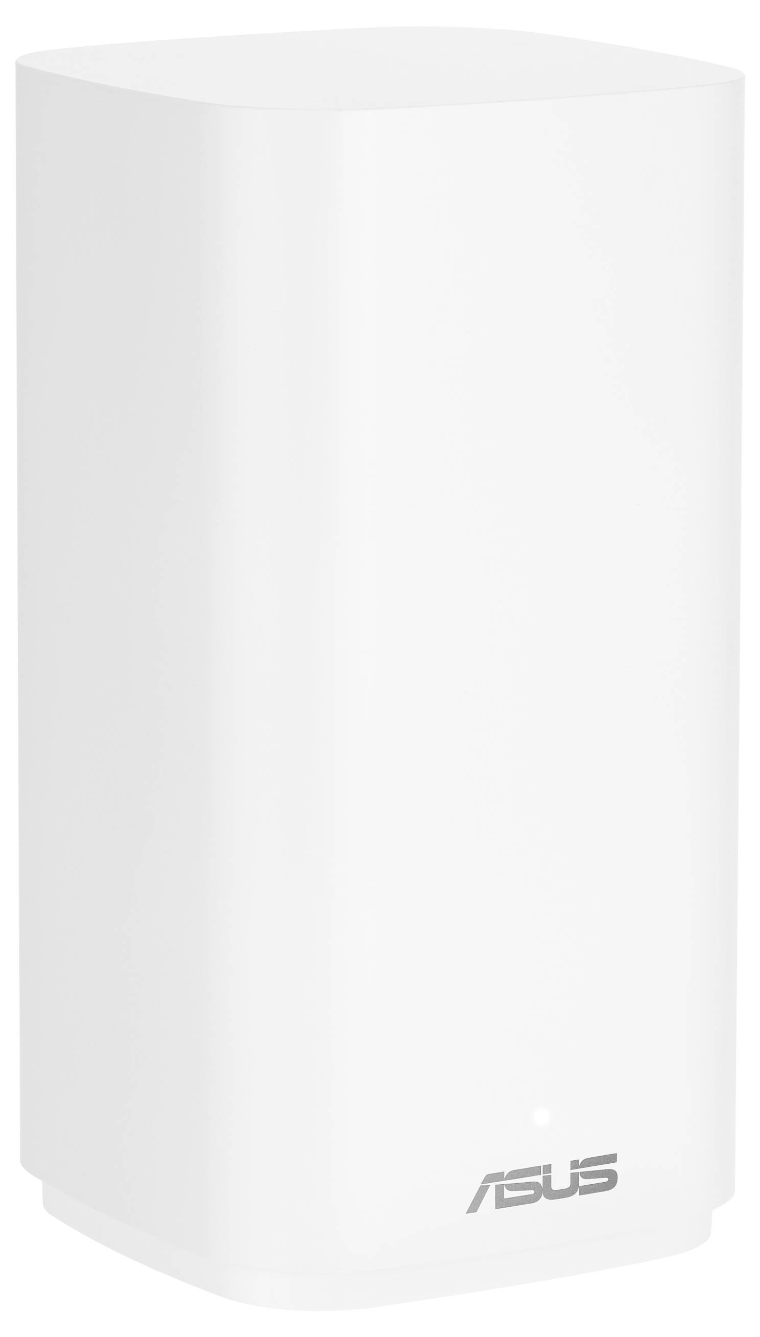 Biały router Asus w kształcie cylindra z dyskretnym logo na spodzie.