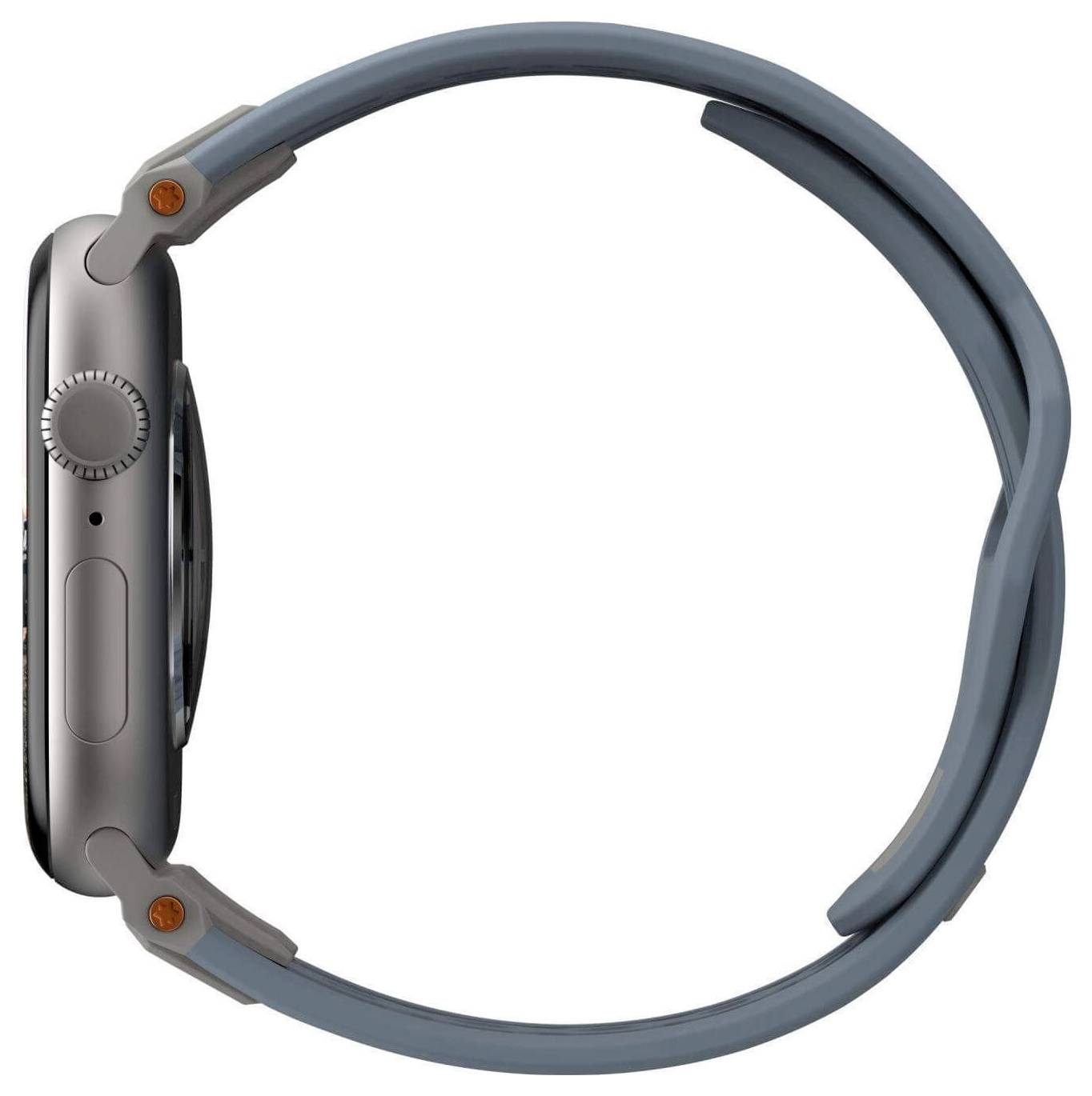 Smartwatch ukazana z boku, z szarą obudową i niebieskim paskiem.