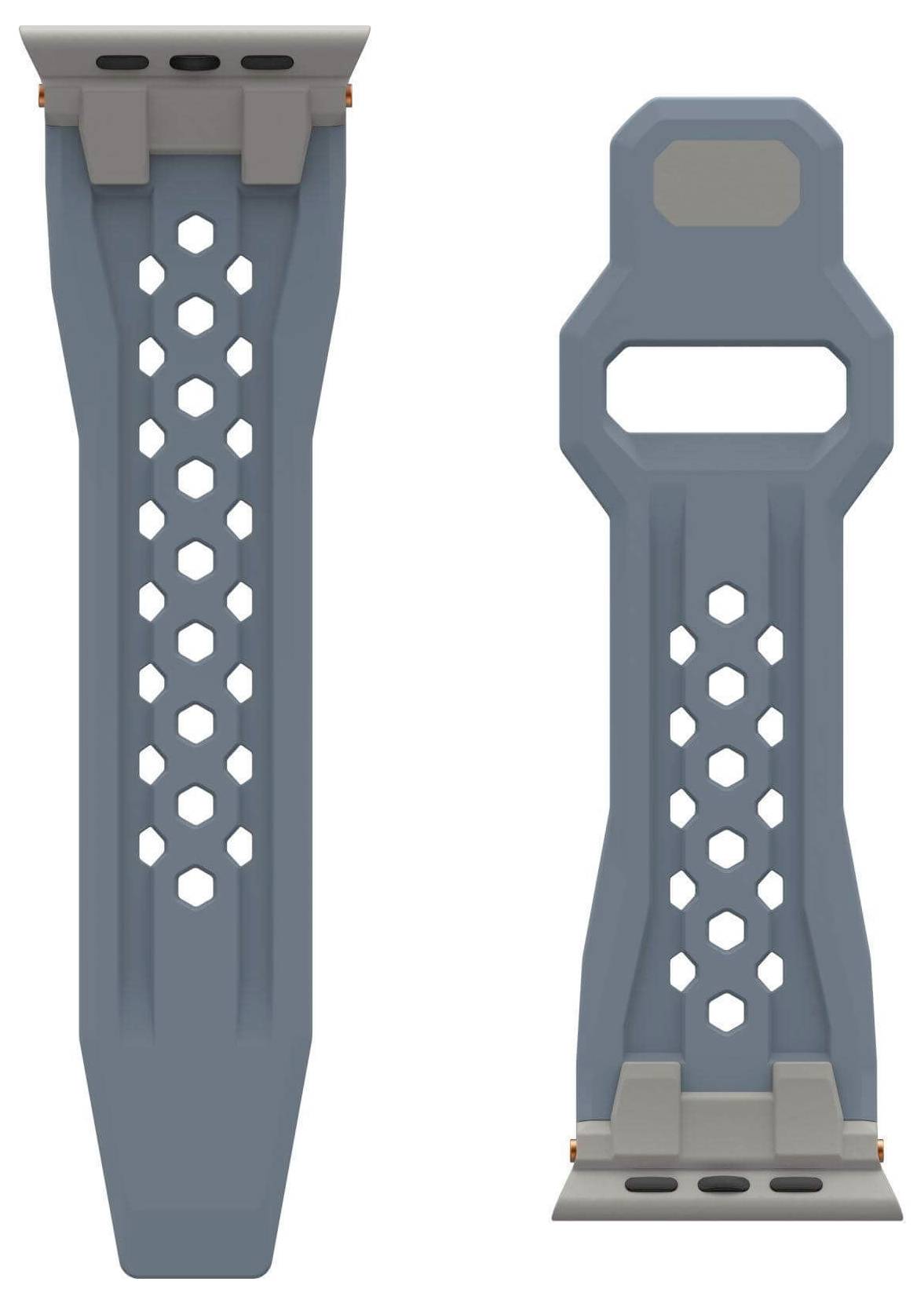 Dwa niebieskie ogniwa bransolety z szarymi klamrami i sześciokątnymi otworami, przedstawione obok siebie.