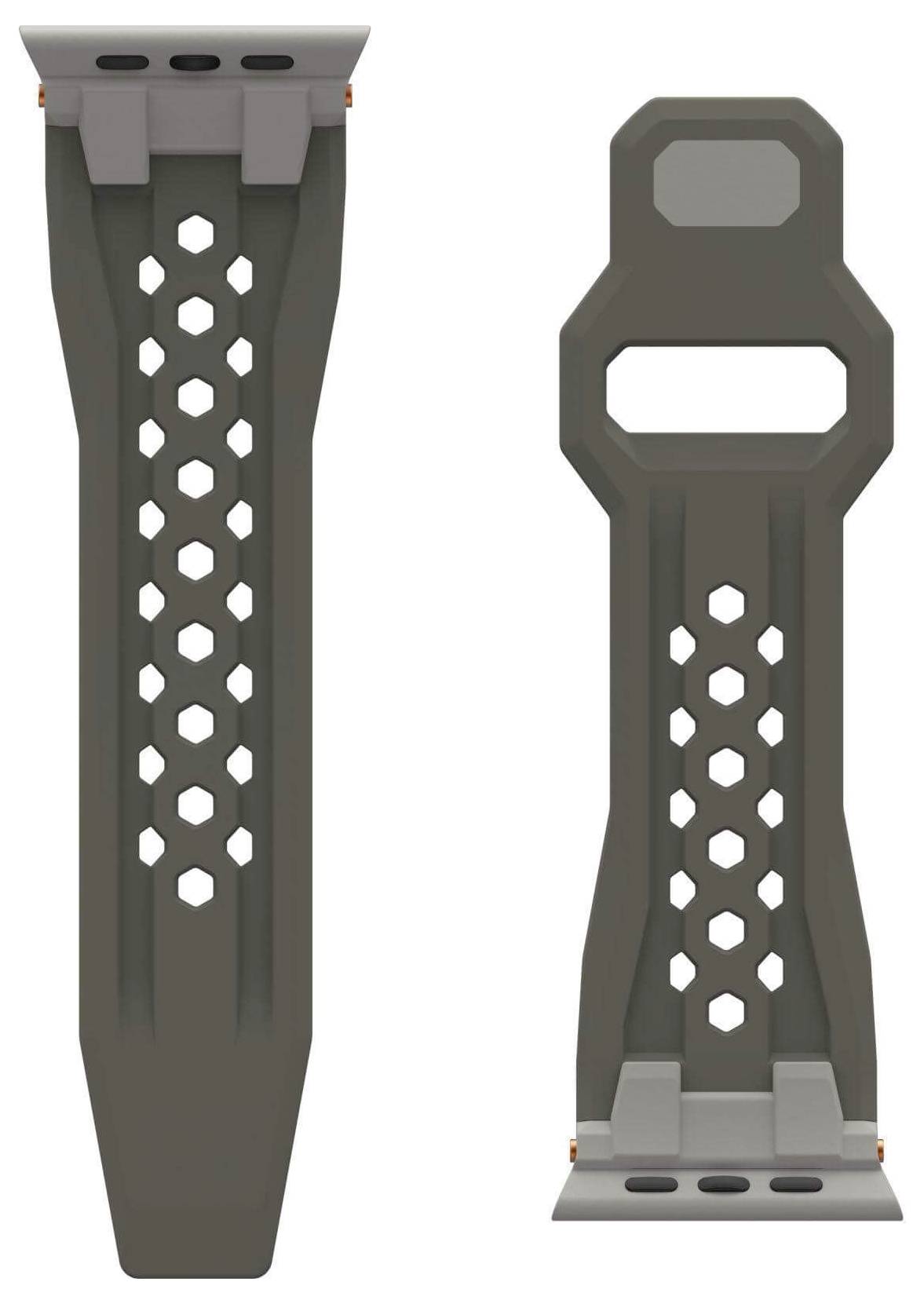 Dwa szare elementy z tworzywa sztucznego z sześciokątnymi wycięciami. Po lewej stronie element jest dłuższy i szerszy, po prawej stronie krótszy z prostokątnym otworem u góry.