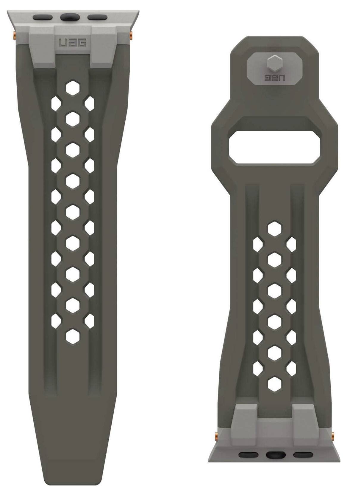 Dwie ciemnoszare plastikowe części z sześciokątnymi otworami pośrodku, prawdopodobnie elementy wyposażenia dodatkowego lub uchwyty.