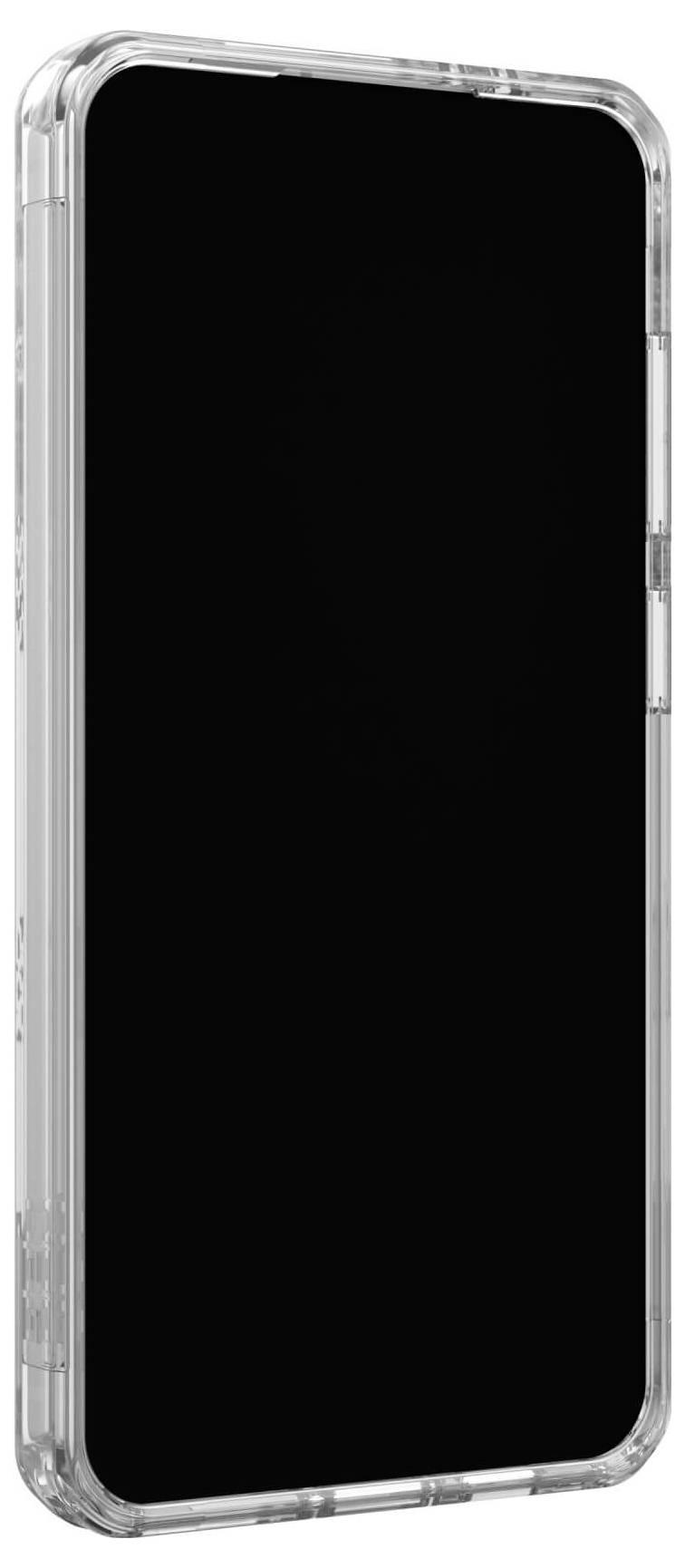 Smartfon z czarnym ekranem i przezroczystym etui ochronnym.