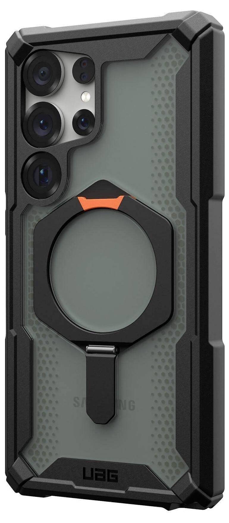 Czarny smartfon z wytrzymałą obudową, widoczne otwory kamery, okrągła stacja dokująca z magnesem pośrodku.