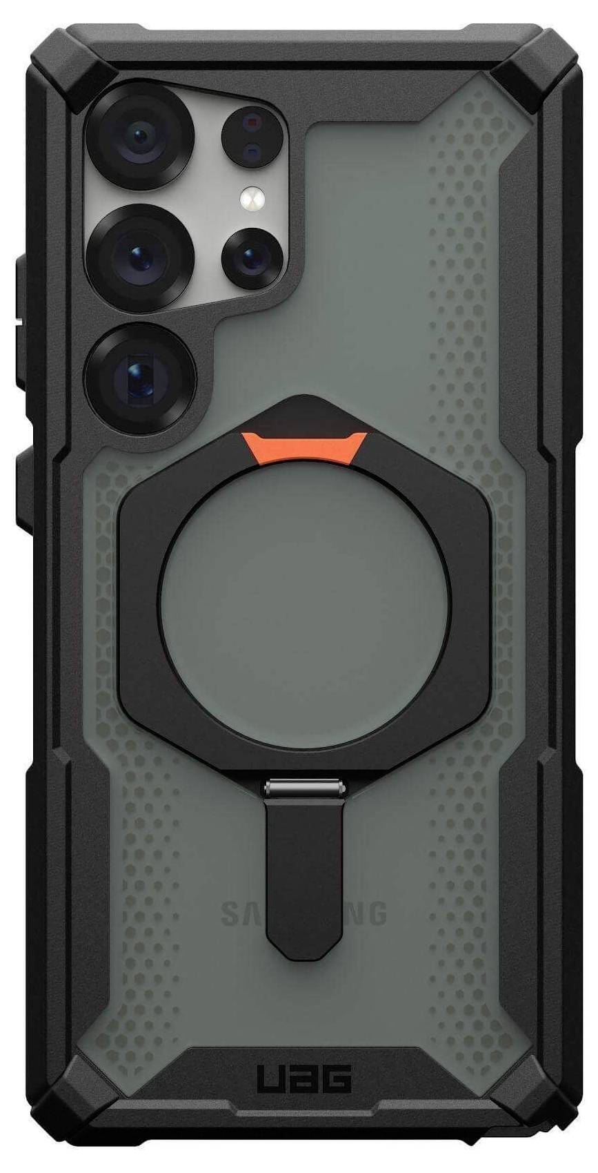 Smartfon Samsung w solidnym, czarnym etui z wzmocnionymi narożnikami i okrągłym uchwytem pośrodku.