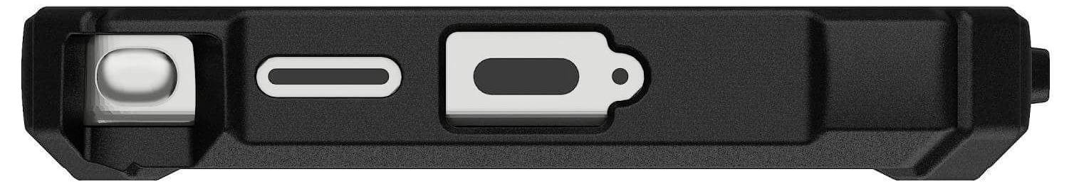 Wąska czarna pilot zdalnego sterowania z szarymi przyciskami, dużym przyciskiem pośrodku i mniejszymi przyciskami obok niego.