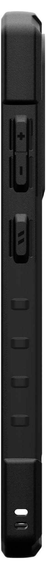 'Czarne urządzenie z przyciskami z boku i strukturyzowaną obudową.'