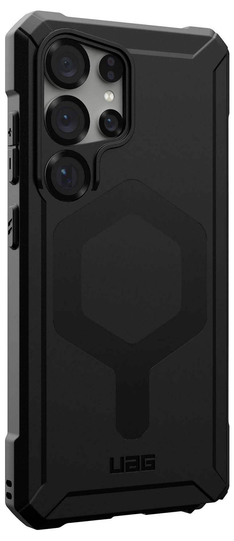 Wytrzymałe, czarne etui na smartfona o wyrazistych krawędziach i wycięciach na aparat, zaprojektowane do ochrony przed uderzeniami i zadrapaniami.