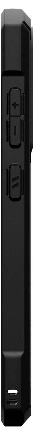 Czarna pilot zdalnego sterowania z przyciskami regulacji głośności i zmiany kanałów, widok z boku.