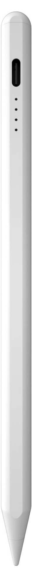 Elektroniczny rysik o smukłej, białej stylistyce z diodą LED wskazującą stan ładowania pośrodku.