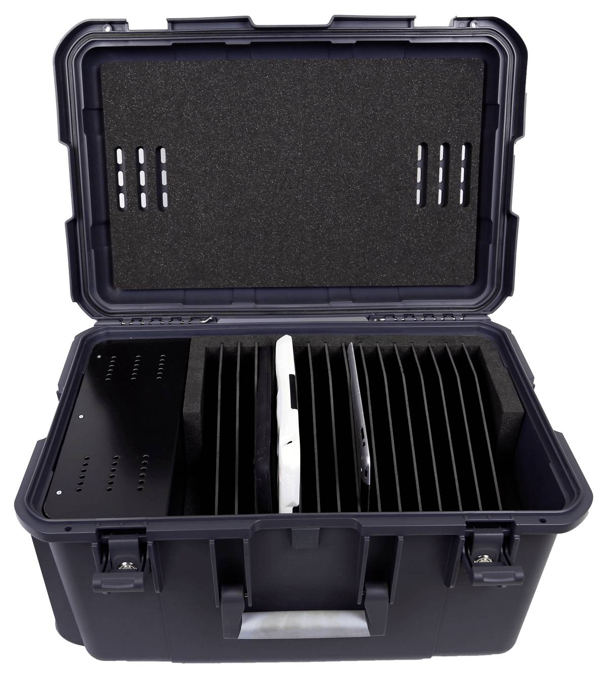 Otwarty, czarny kufer z przegrodami do organizacji urządzeń. Zawiera tablety i inne urządzenia elektroniczne.