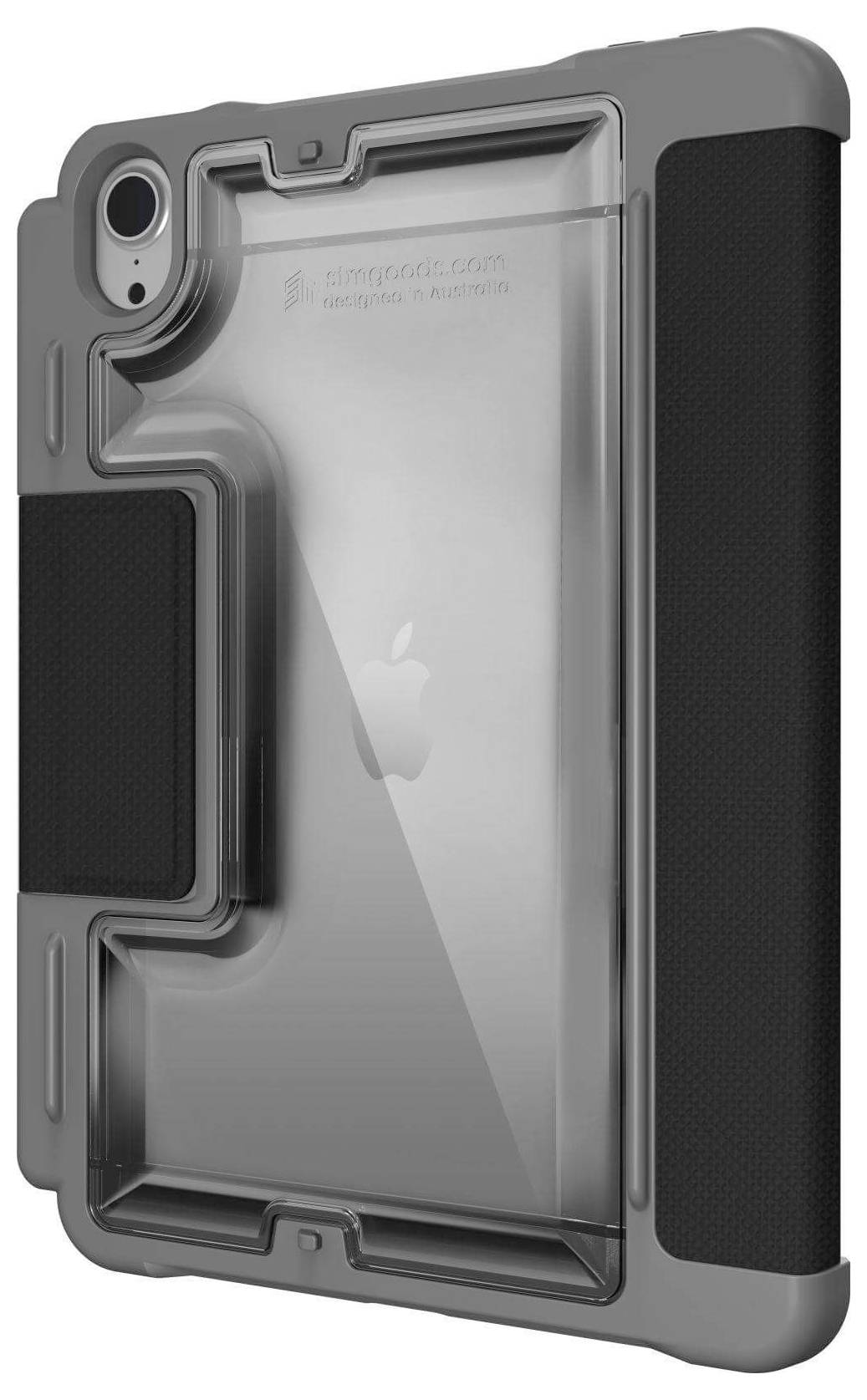 Przezroczyste etui ochronne na iPada z ciemnymi krawędziami i wycięciem na kamerę.