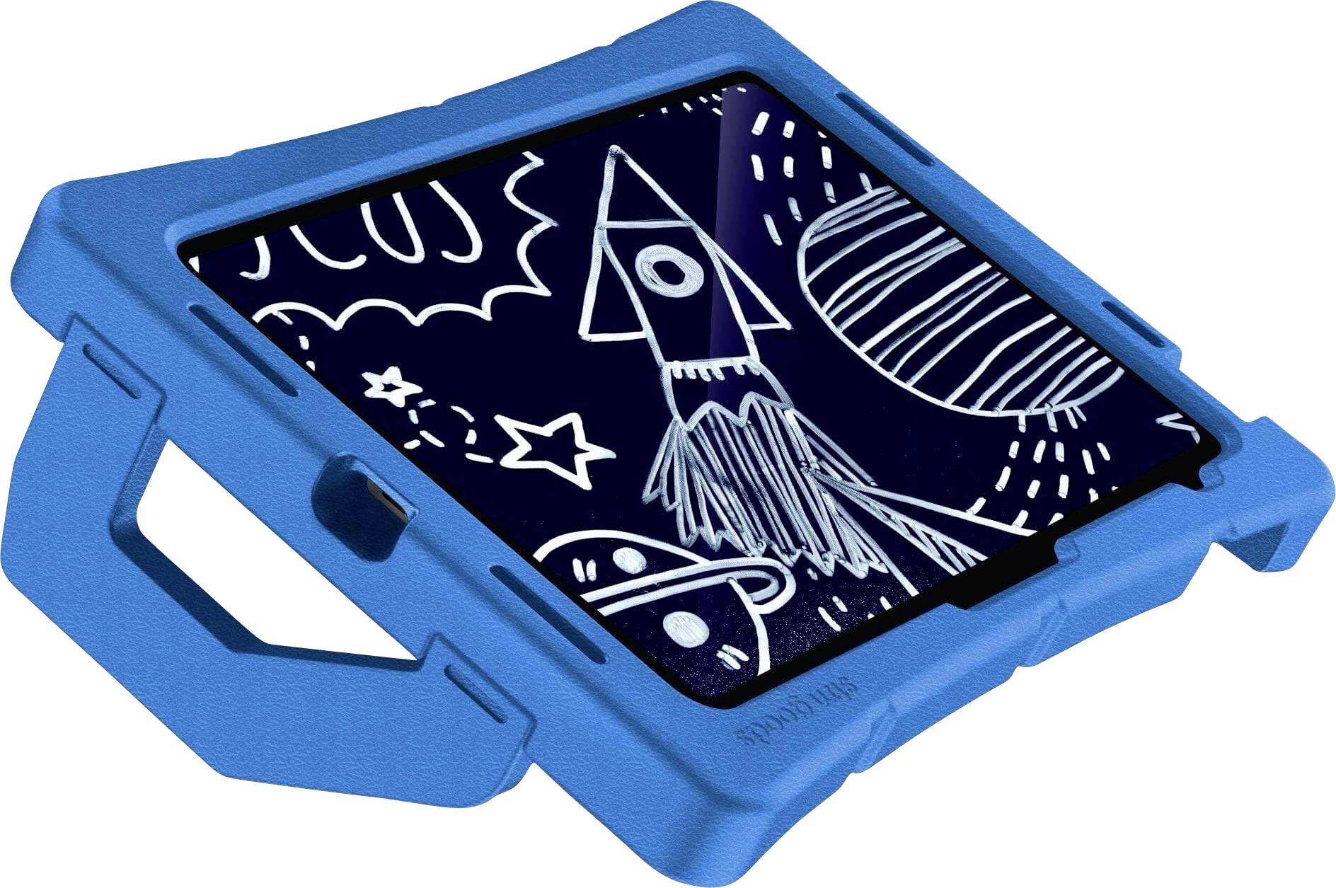 Niebieskie dziecięce tablet z ochronnym etui, na którego ekranie widnieje dziecięcy rysunek rakiety w kosmosie.