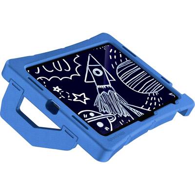 Niebieskie dziecięce tablet z ochronnym etui, na którego ekranie widnieje dziecięcy rysunek rakiety w kosmosie.