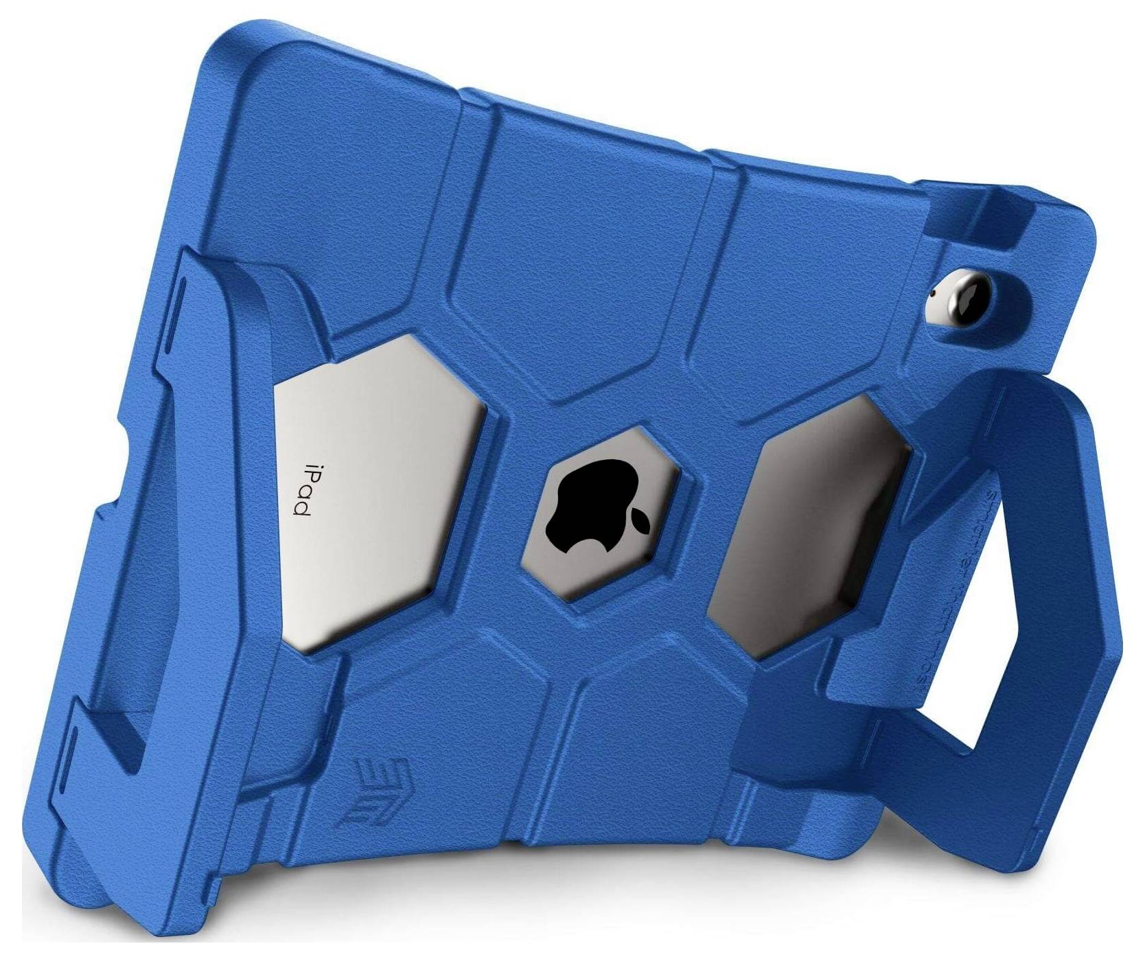 Niebieskie, wytrzymałe etui na iPada z podstawką i uchwytem. Z tyłu widoczne wycięcia na kamerę iPada i logo.