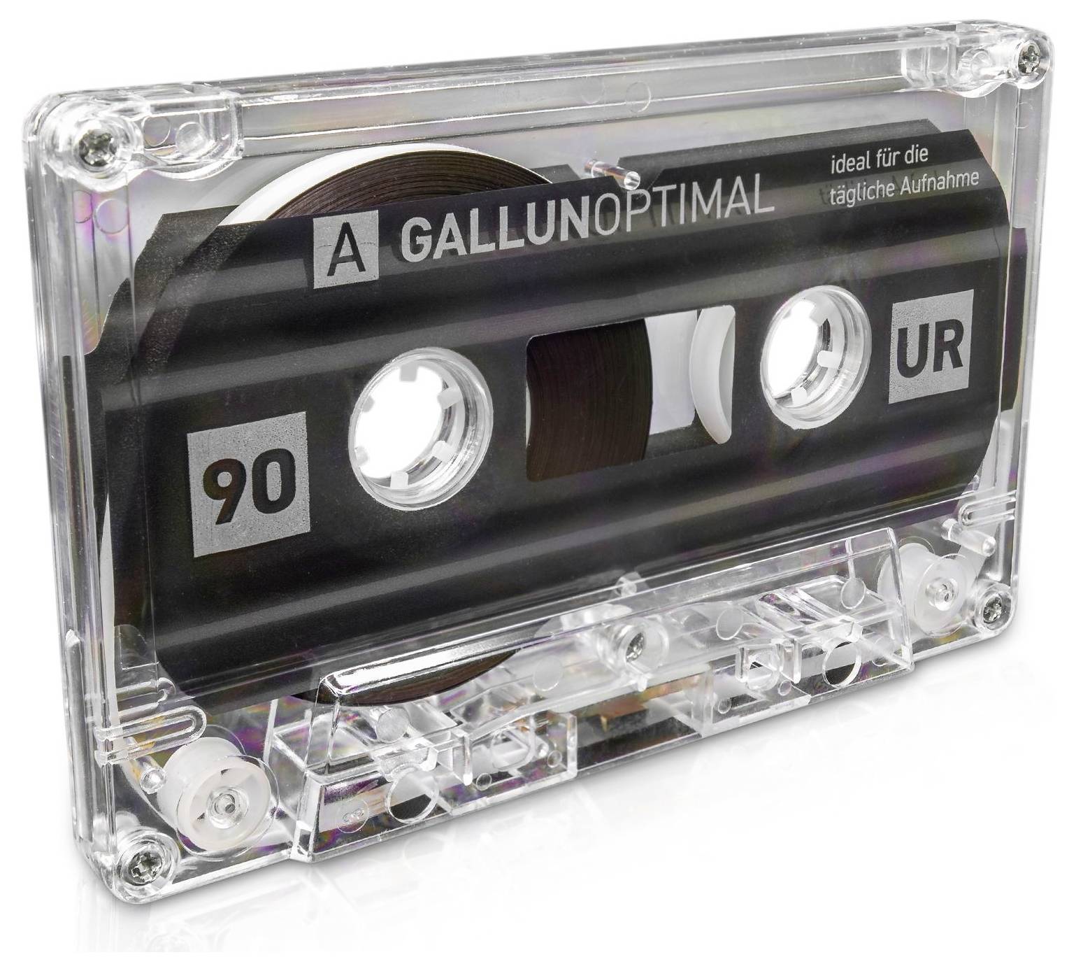 Przezroczysta kaseta audio z napisem 'Gallunoptimal', 90 minut, idealna do codziennych nagrań.