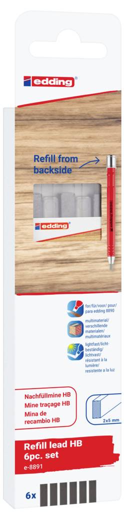 Opakowanie z wkładami do ołówka automatycznego, 6 sztuk, twardość HB, przedstawione z czerwonym ołówkiem na drewnianym tle.