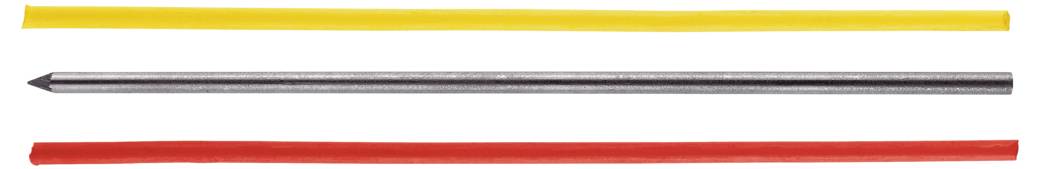 'Trzy pręty w rzędzie: żółty pręt na górze, metalowy pręt ze szpiczastym końcem pośrodku, czerwony pręt na dole. Wszystkie są tej samej długości.'