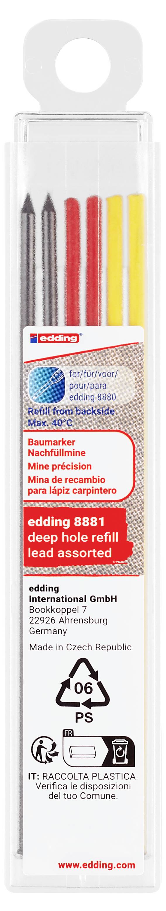 Zbliżenie opakowania napełniającego tuszu Edding pokazujące sześć kolorowych napełnień, z tekstem „dla piór rec/refill backslide", „Pudełko napełniające 4x" i symbolami recyklingu.