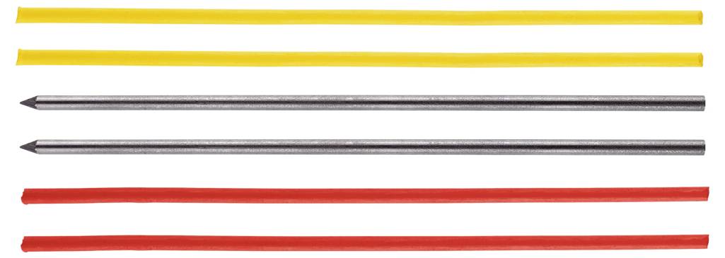 Żółty, szary i czerwony dwukolorowy plastikowy długopis w środku białego tła, ułożony zgodnie z kolorem.