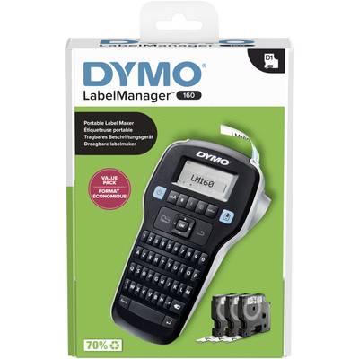 Przenośne urządzenie do etykietowania 'DYMO LabelManager 160'. Opakowanie prezentuje urządzenie z wyświetlaczem LCD i klawiaturą, przeznaczone do drukowania etykiet. Zawiera trzy kasety.