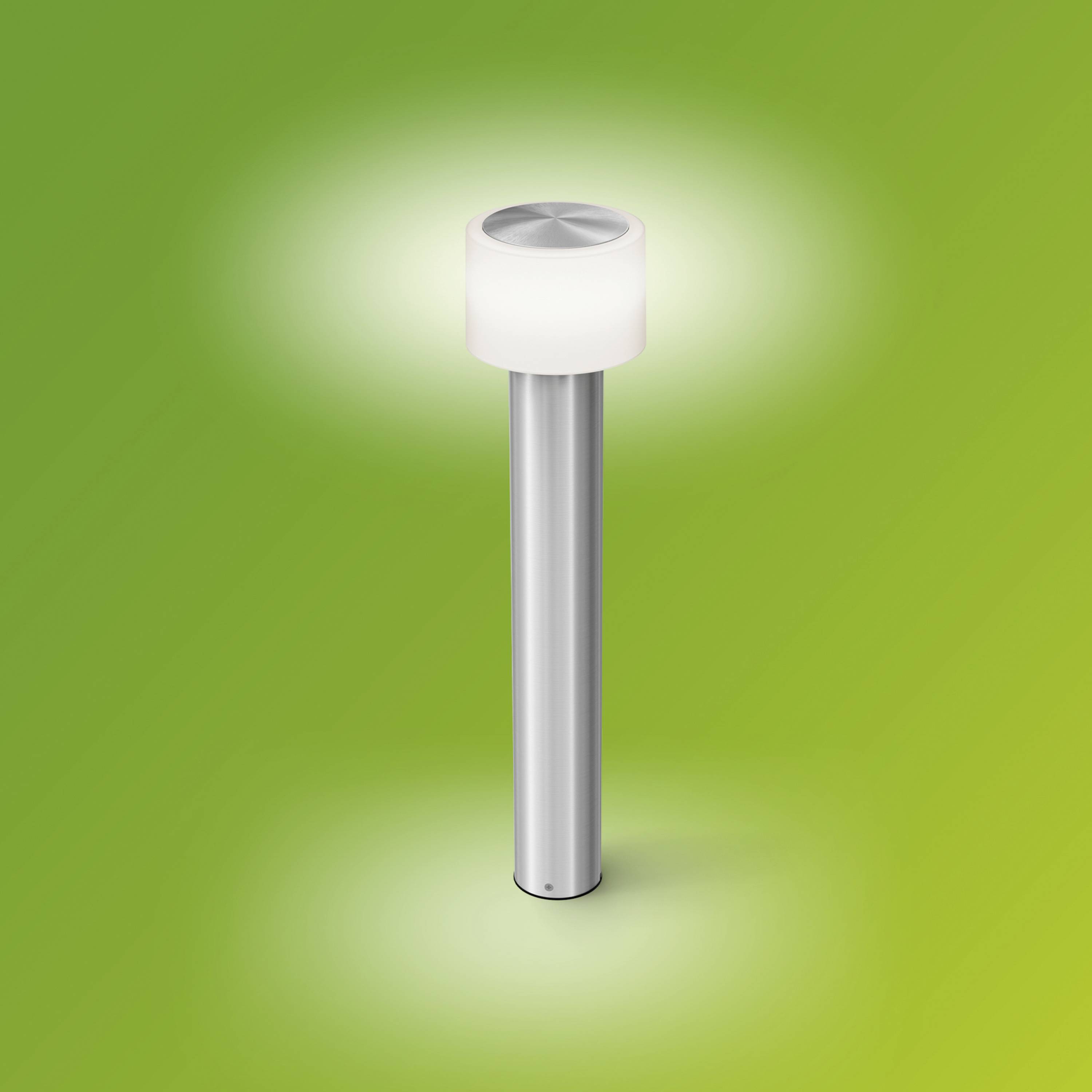 Nowoczesna, stojąca lampa zewnętrzna z cylindryczną podstawą ze stali nierdzewnej i okrągłym, świecącym kloszem na zielonym tle.