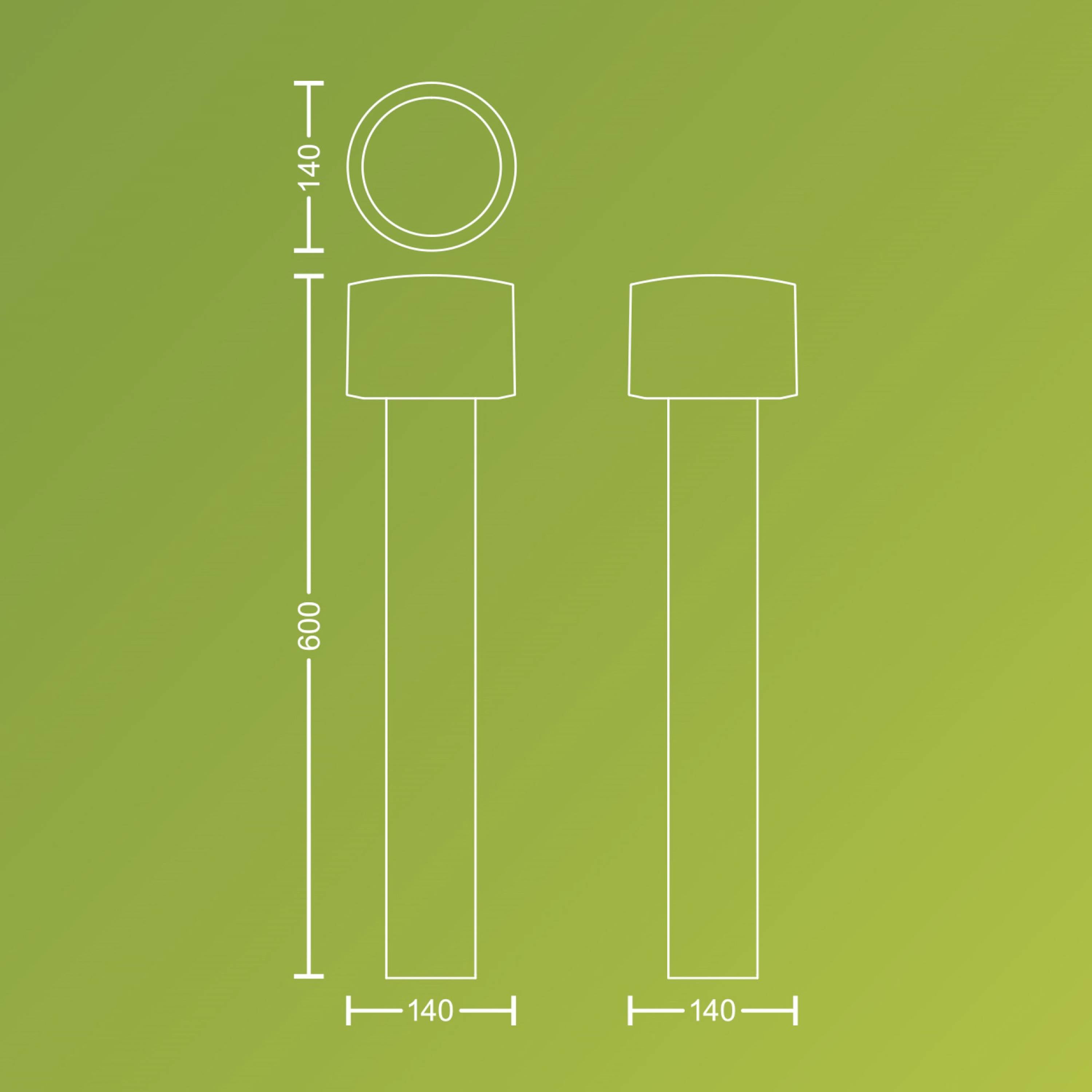 Rysunek techniczny dwóch obiektów cylindrycznych na zielonym tle; oba obiekty mają 600 wysokości, o średnicy 140.