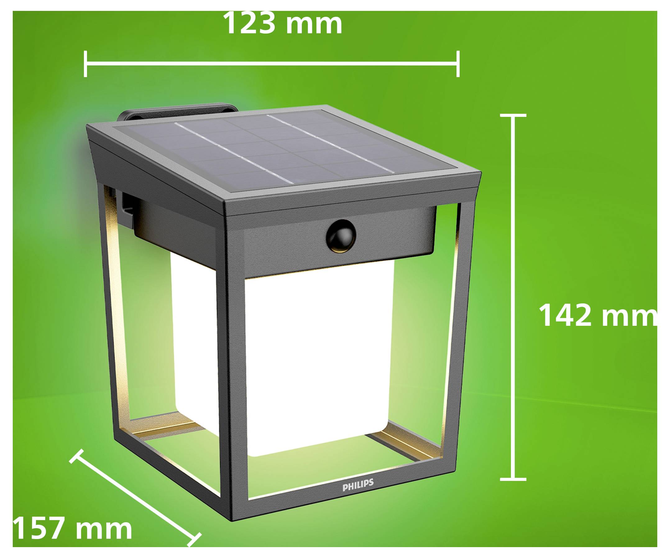 Latarka solarna z górnym panelem i czujnikiem, pokazana z wymiarami 123 mm szerokości, 142 mm wysokości i 157 mm głębokości na zielonym tle.