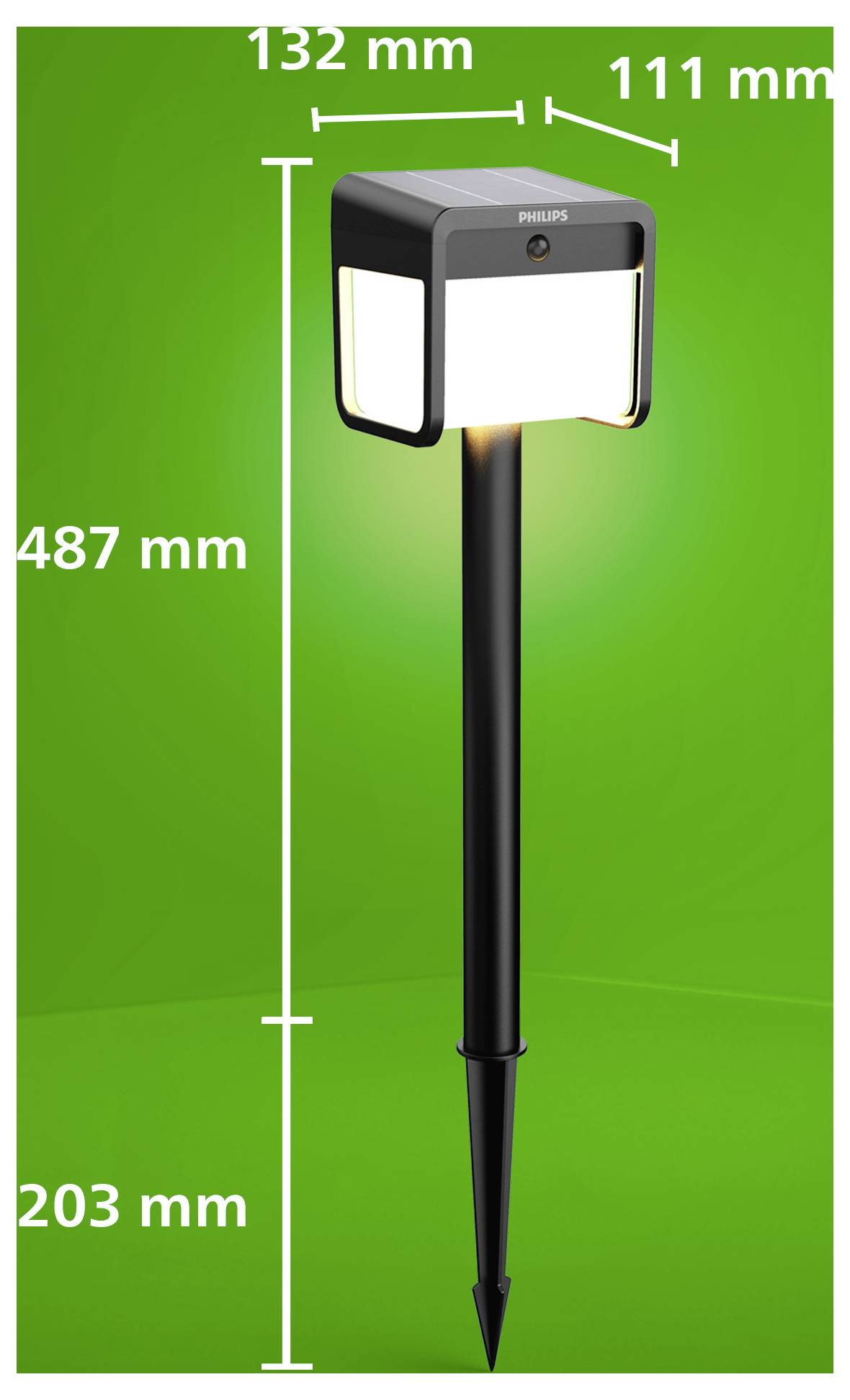 Grafika pomiarowa lampy słonecznej do ogrodu Philips na palu, pokazująca wymiary: szerokość 132 mm, głębokość 111 mm, całkowita wysokość 487 mm i dolna sekcja 203 mm.