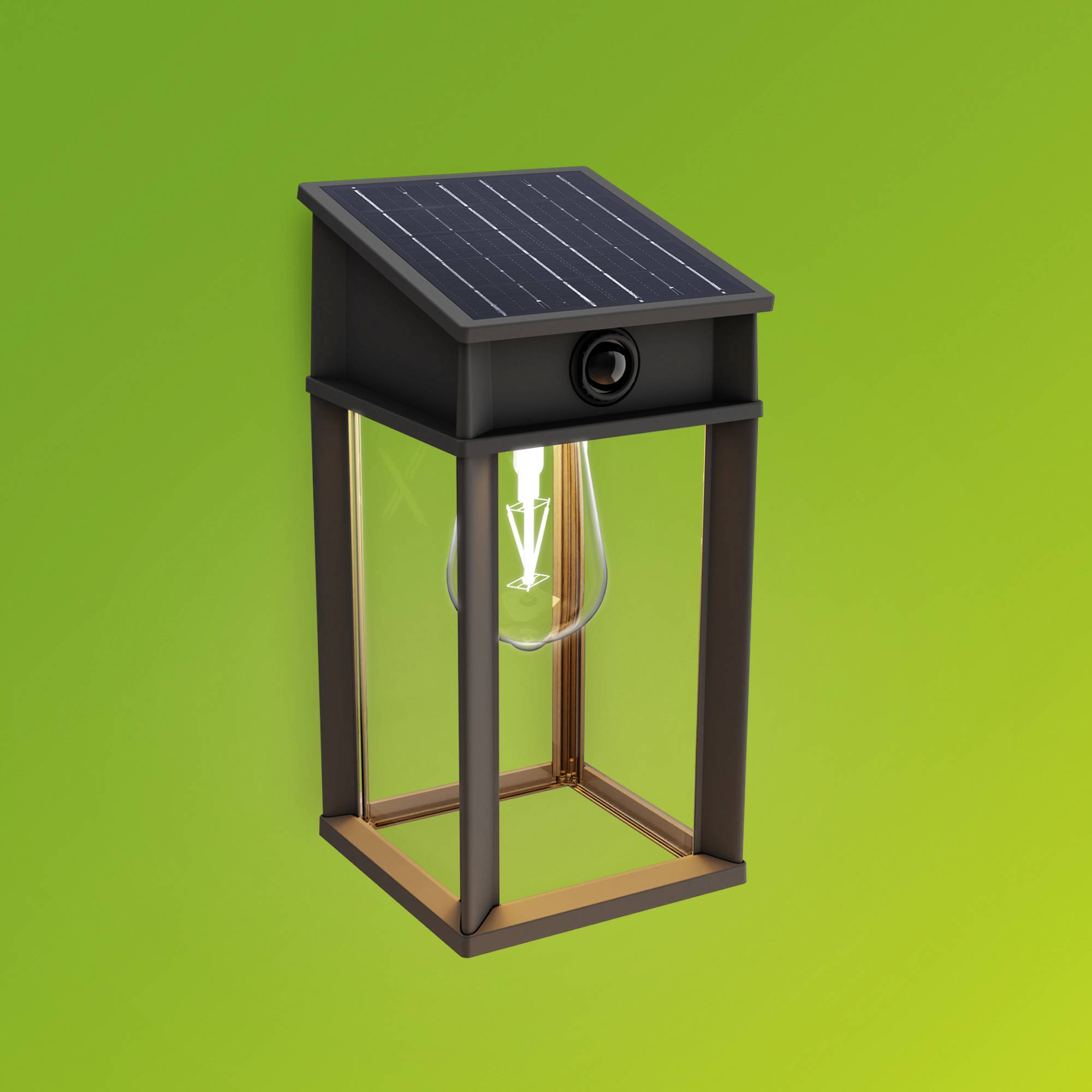 Czarna lampa solarna z przezroczystą szklaną obudową i żarówką na zielonym tle.