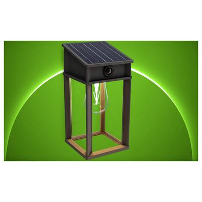 Solarna lampa zewnętrzna z wbudowaną kamerą i zwisającą żarówką, pokazana w renderze w stylu produktu na zielonym tle.