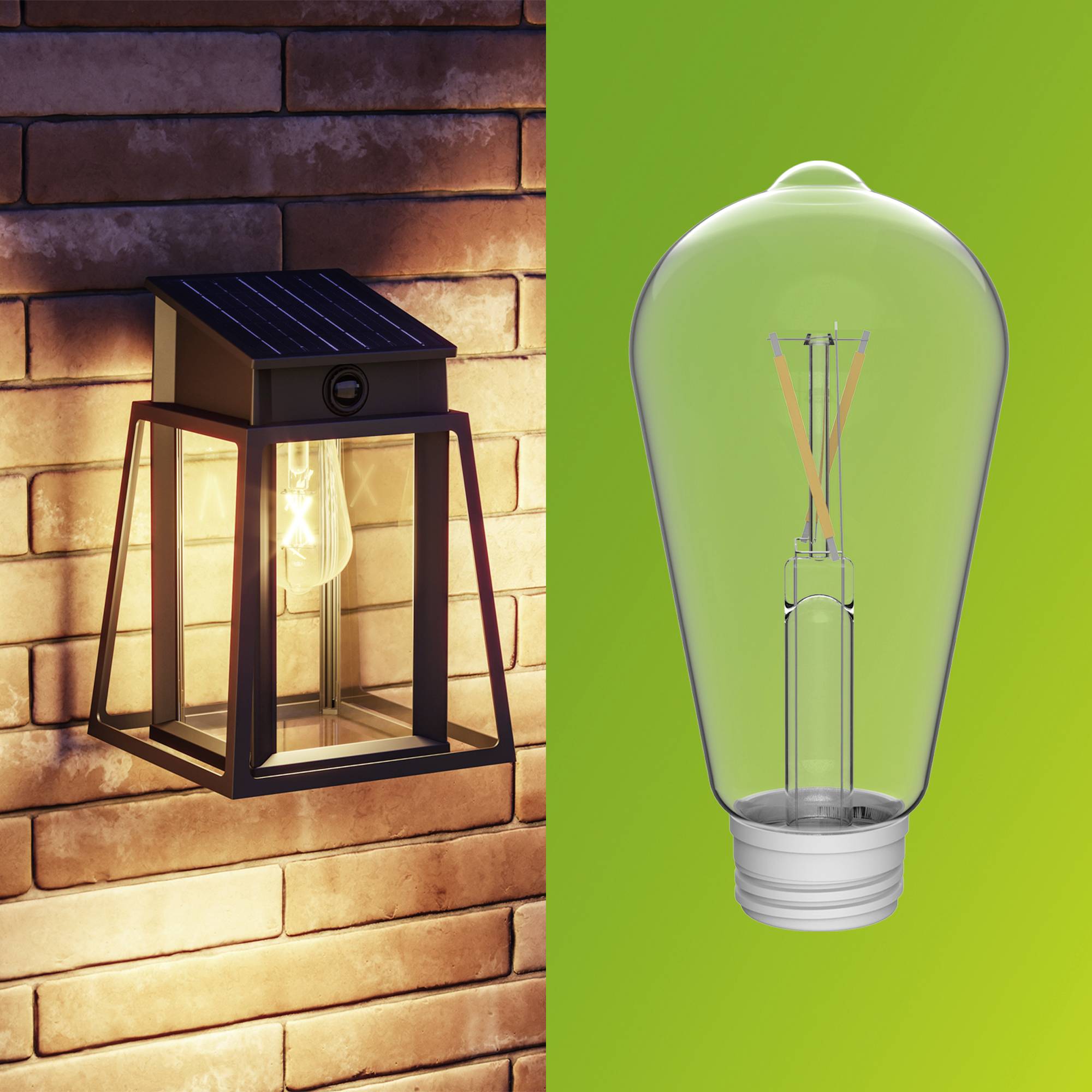 Solarna lampa ścienna świeci na murze z cegły, obok niej żarówka na zielonym tle.