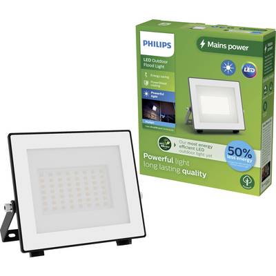 Lampa LED flood light firmy Philips o energooszczędnym projekcie. Opakowanie wskazuje na 50% oszczędności energii, odpowiednia do zastosowań na zewnątrz.
