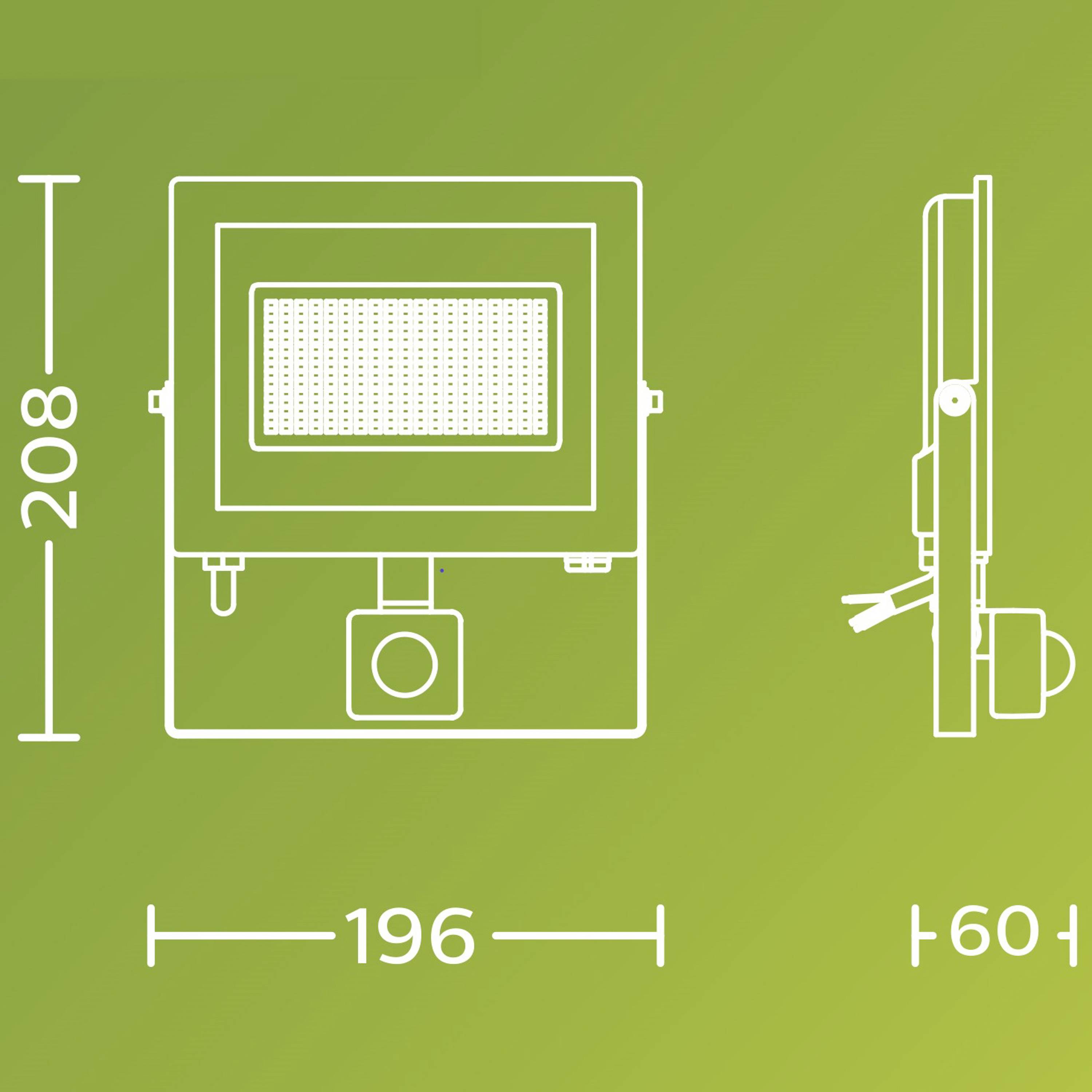 Wymiary prostokątnego reflektora: 208 mm wysokości, 196 mm szerokości, 60 mm głębokości. Pokazuje widok z przodu i z boku.