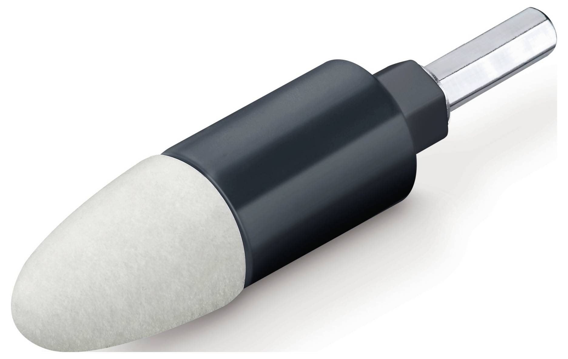 'Biały filcowy nakładka polerska z czarnym uchwytem z tworzywa sztucznego i metalowym uchwytem.'