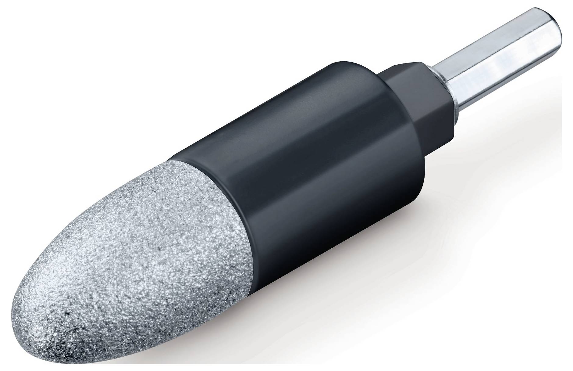 Nakładka szlifierska z srebrnoszarą, stożkową głowicą ścierną i czarnym uchwytem, stosowana do precyzyjnej obróbki twardych powierzchni.