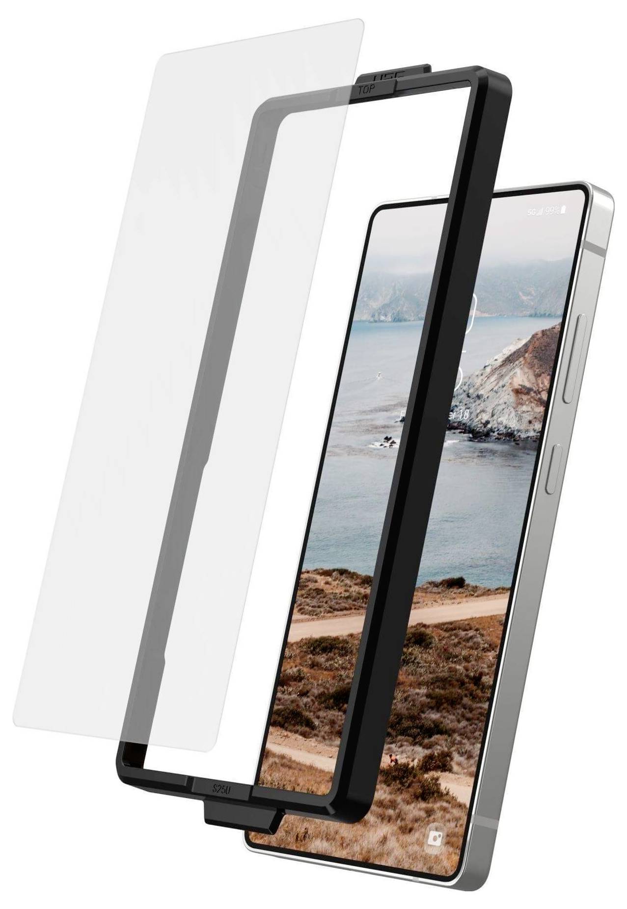 Smartfon z krajobrazem na ekranie; przed nim zdejmowalna szklana nakładka chroniąca wyświetlacz.