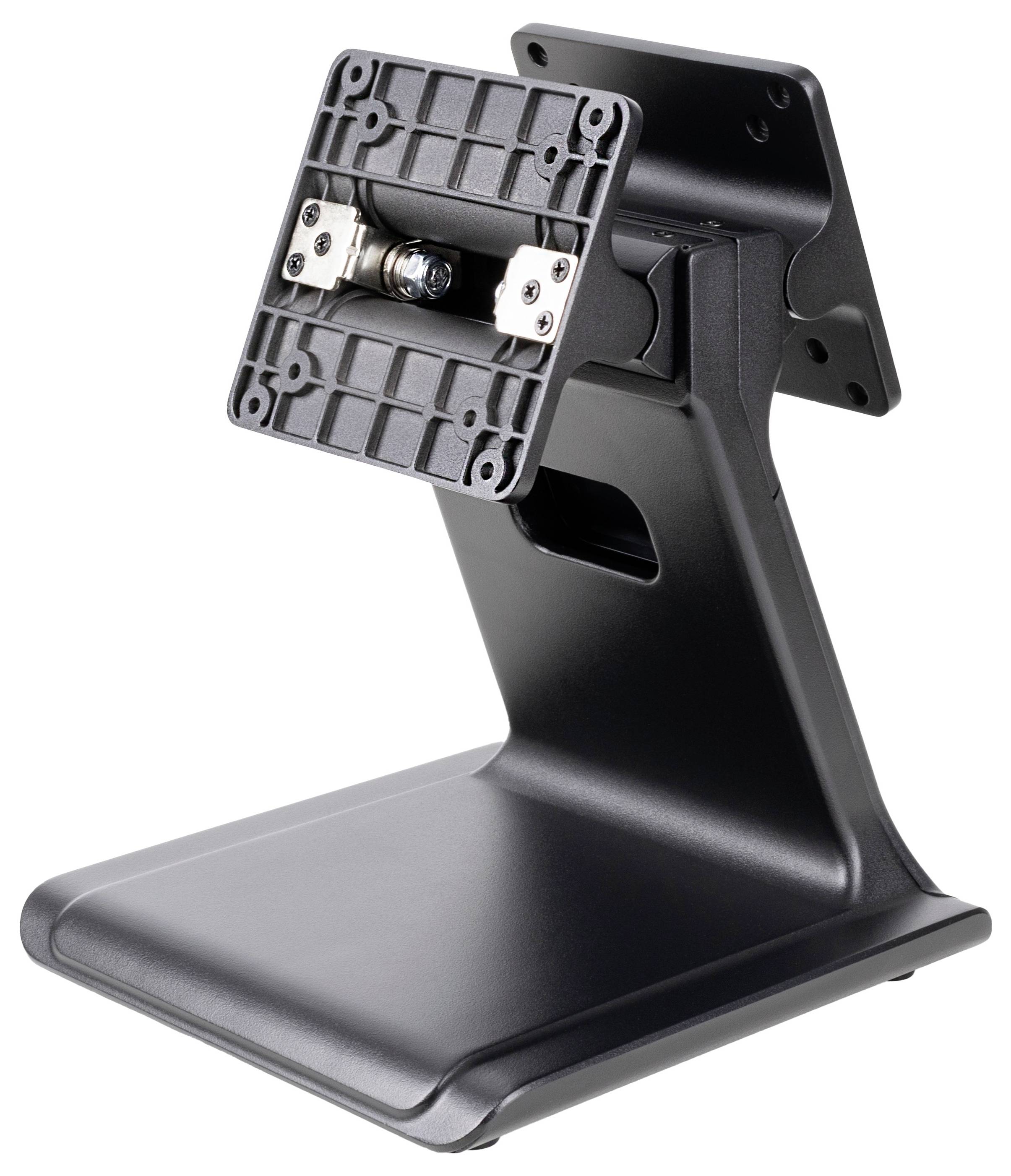 Czarny stojak na monitor z regulowanym kątem nachylenia. Odpowiedni do mocowania ekranów, prostokątna podstawa.