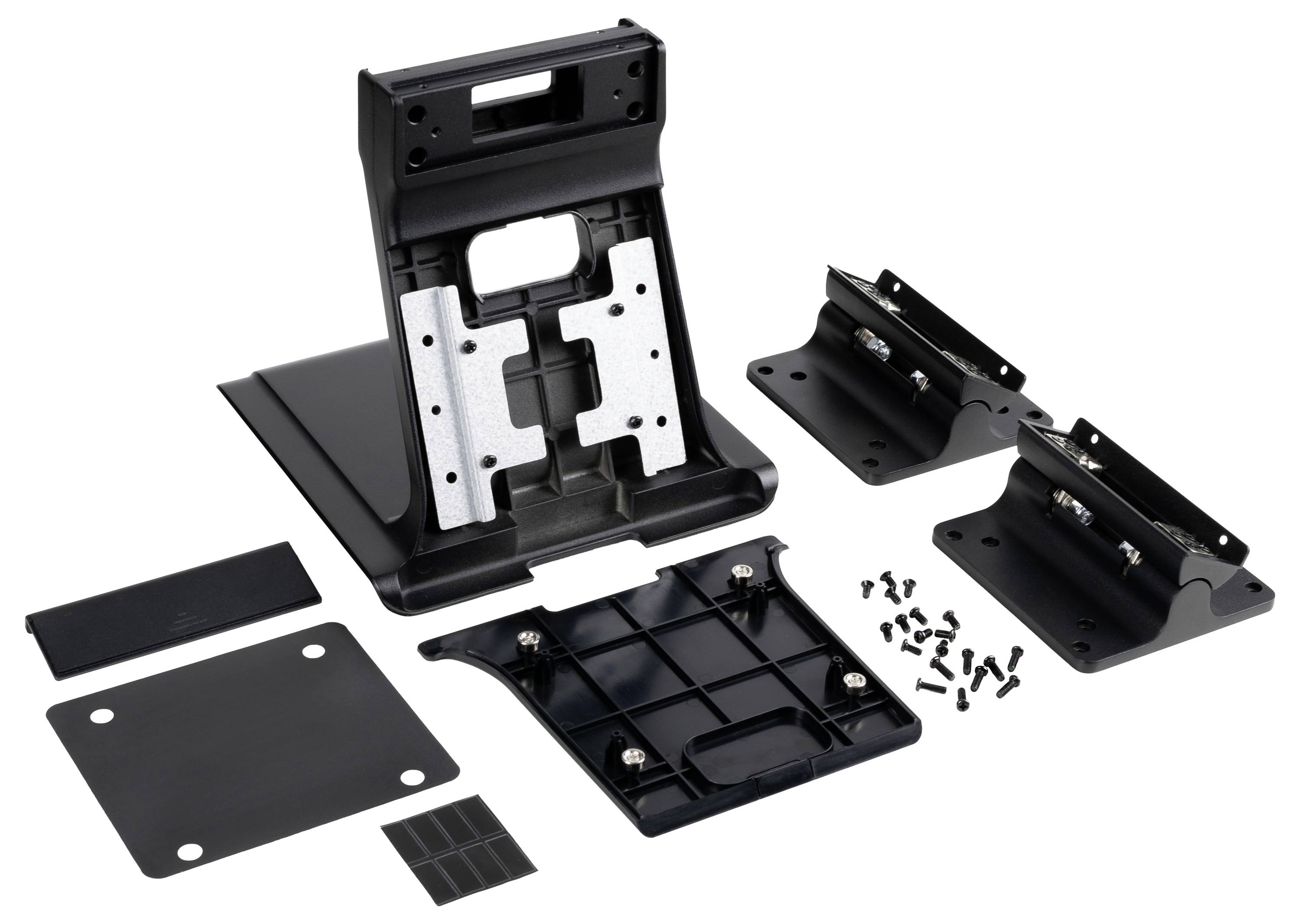 Rysunek przedstawia zestaw elementów montażowych i śrub do podstawy monitora. Obejmuje on plastikowe płyty i elementy mocujące.