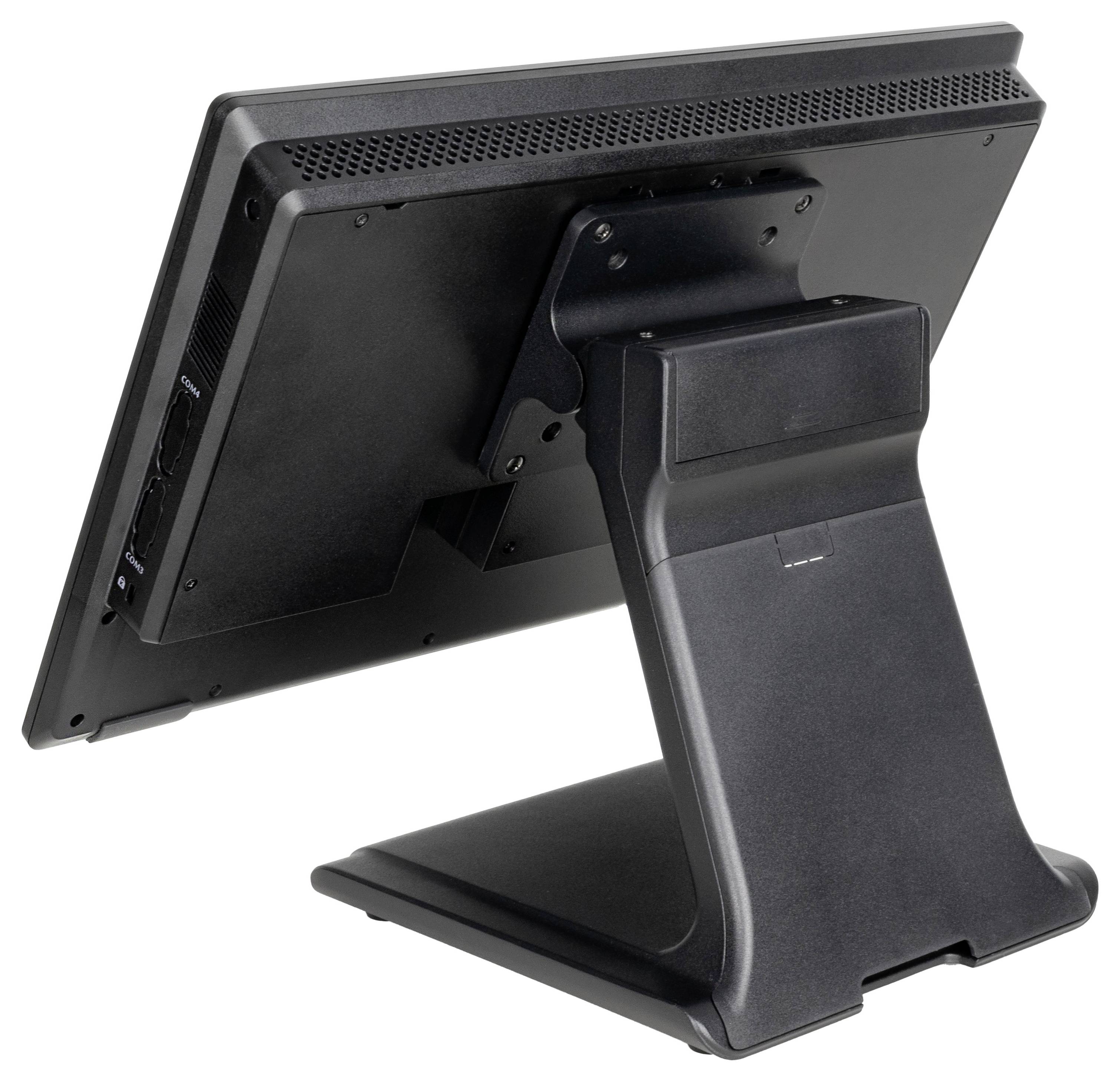 Czarny monitor komputerowy na podstawce, widziany od tyłu. Ekran jest lekko pochylony i posiada szczeliny wentylacyjne u góry.