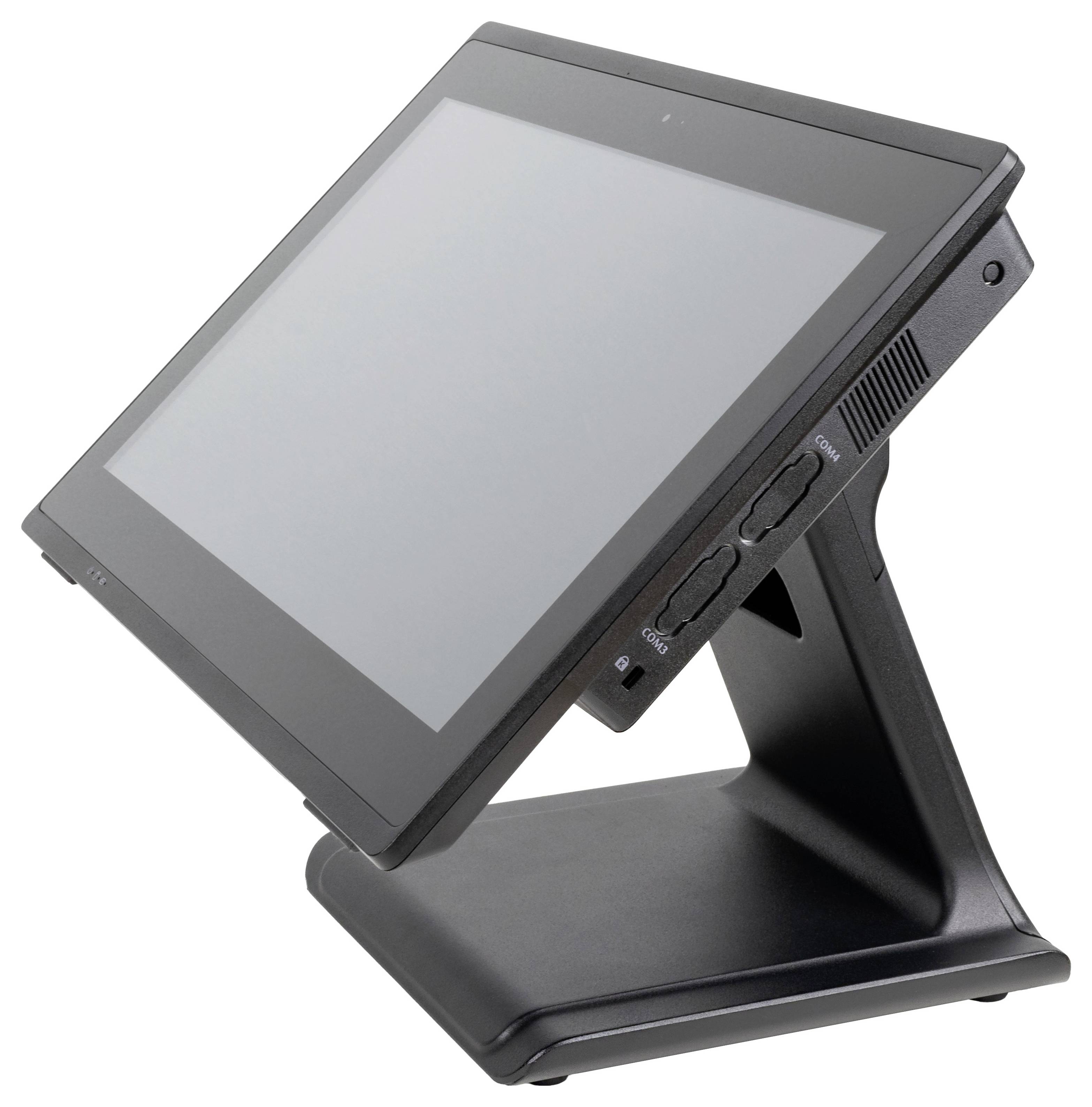 Nowoczesny, czarny terminal punktu sprzedaży z ekranem dotykowym pod pochylonym kątem, odpowiedni dla systemów kasowych w sklepach.