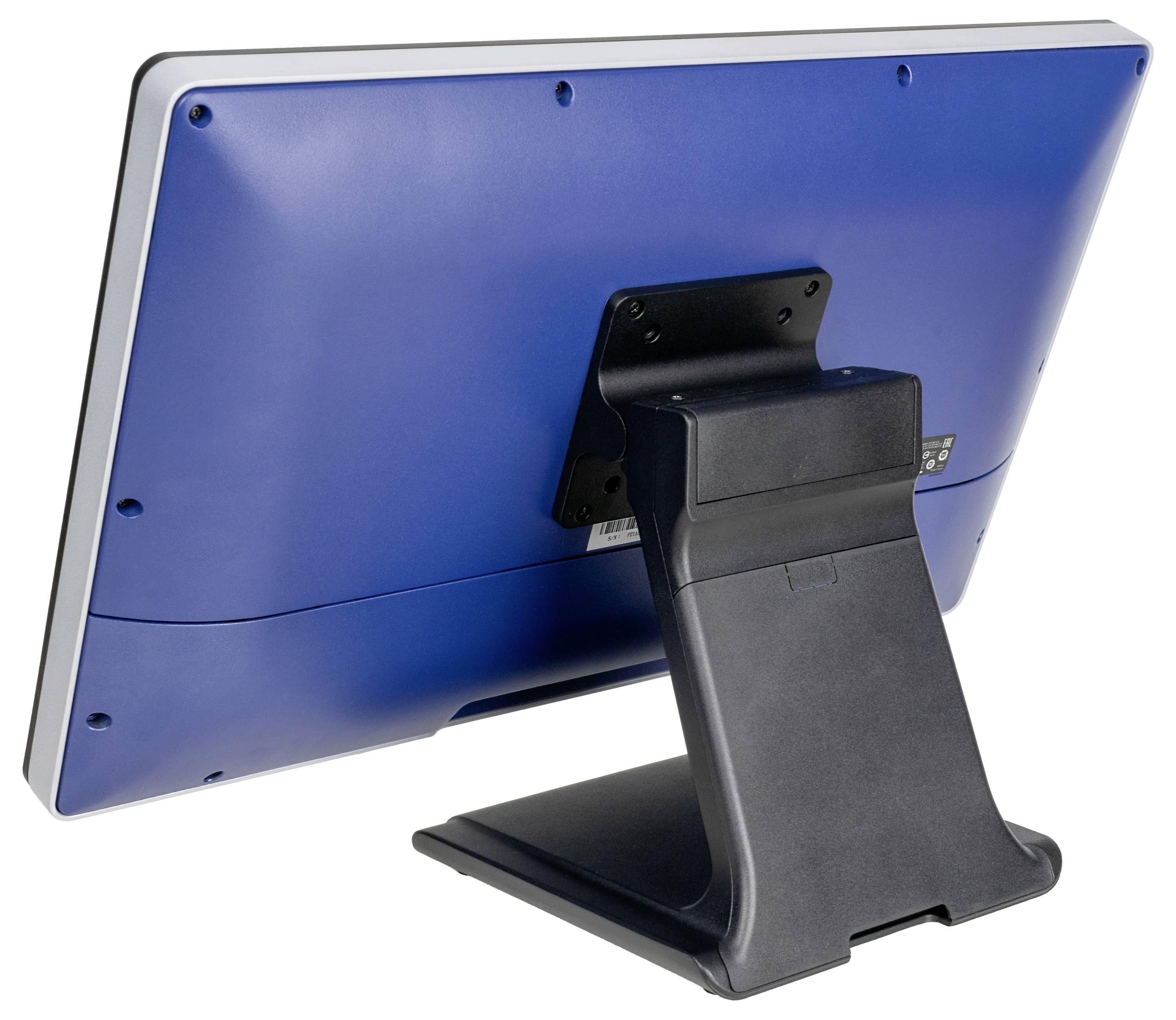 Niebieski monitor widziany od tyłu ze srebrno-czarną podstawą, stojący na stole.