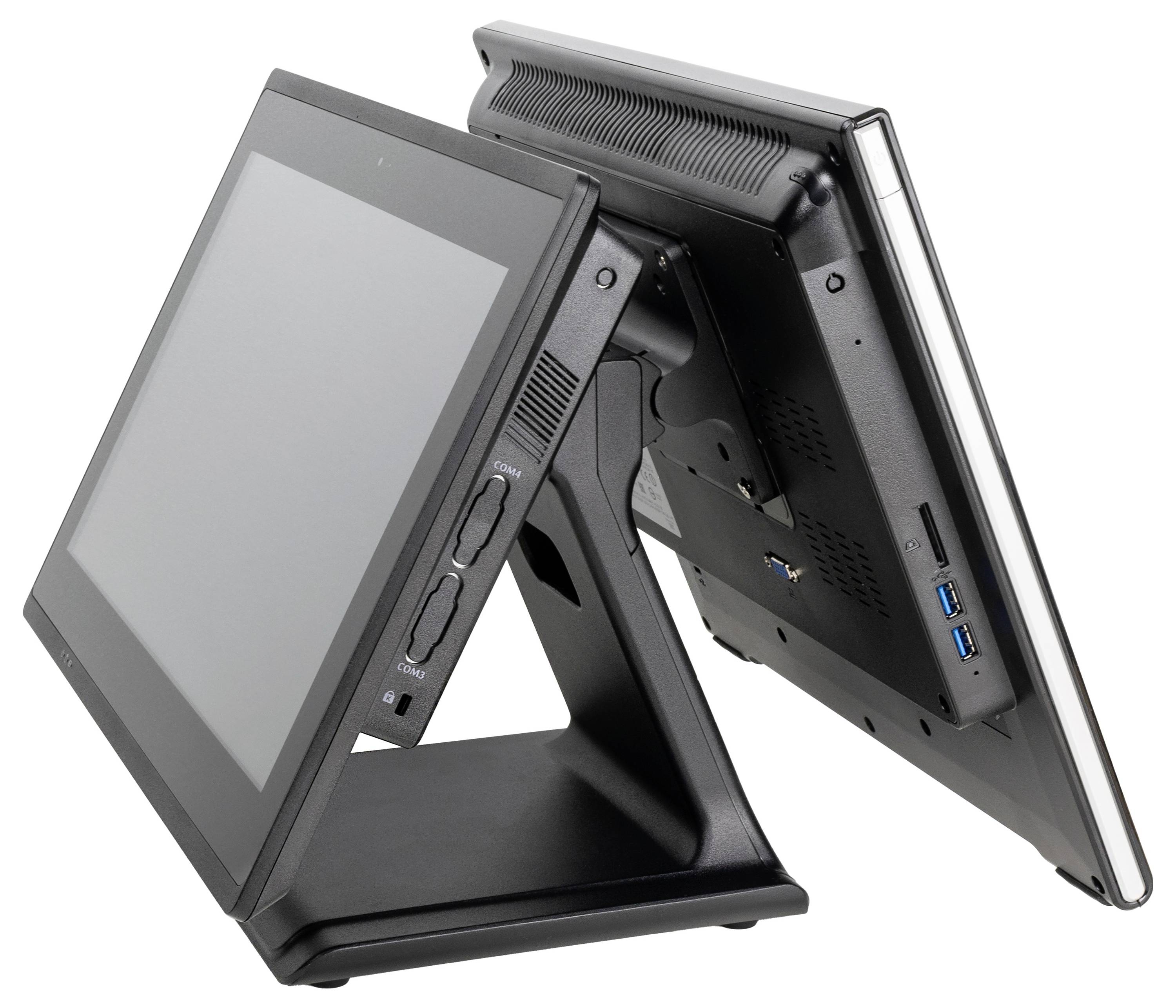 Dwa połączone monitory, których tylne strony przylegają do siebie nawzajem, przedstawiają różne kąty wyświetlania ekranu i złącza.