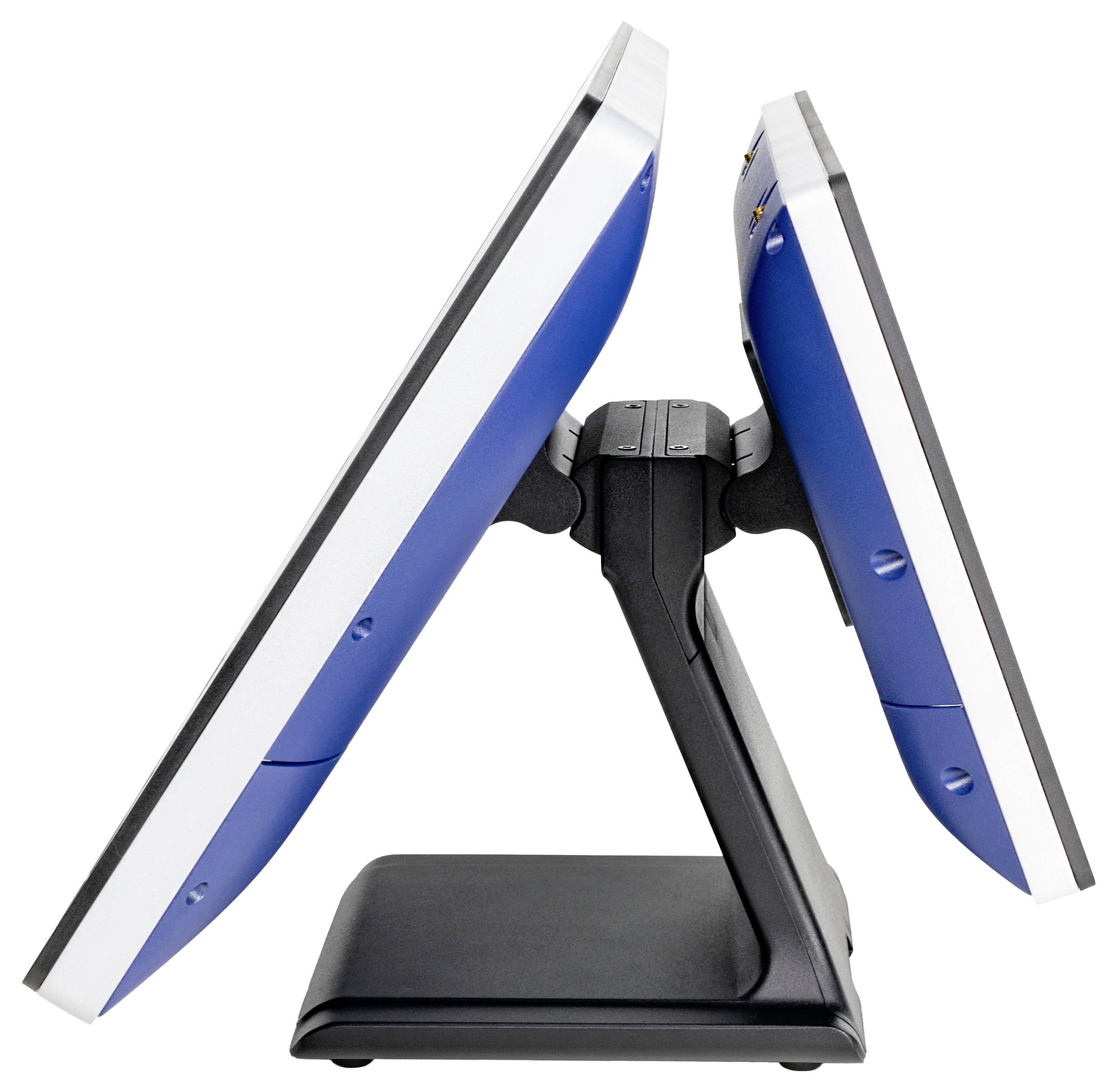 Dwa monitory stoją do siebie plecami, zamontowane na wspólnej podstawie. Ekrany są niebieskie z czarną podstawą.