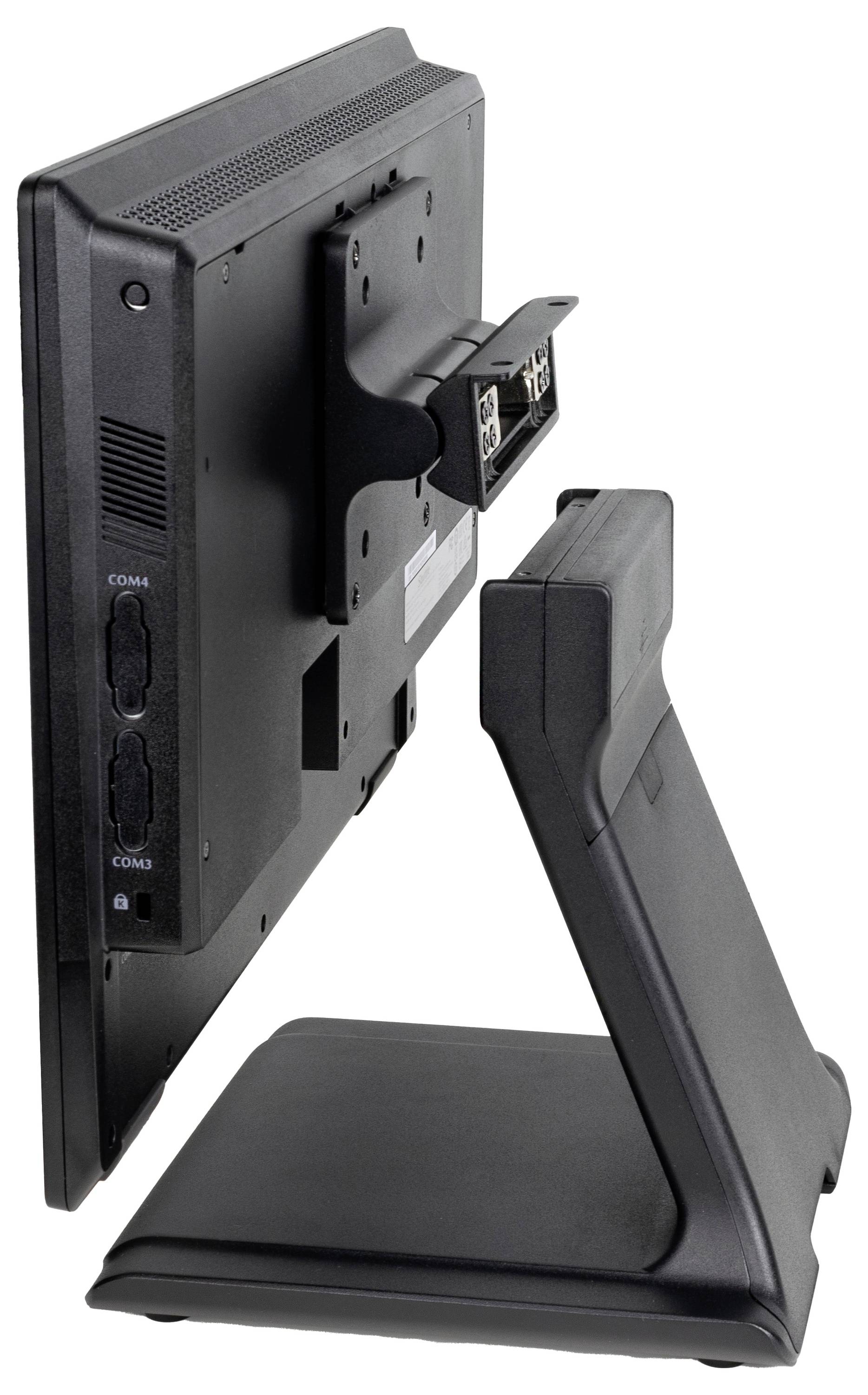 Tylna część ekranu monitora ze stojakiem, ukazująca dostępne złącza i szczegóły techniczne. Nacisk na złącza boczne.