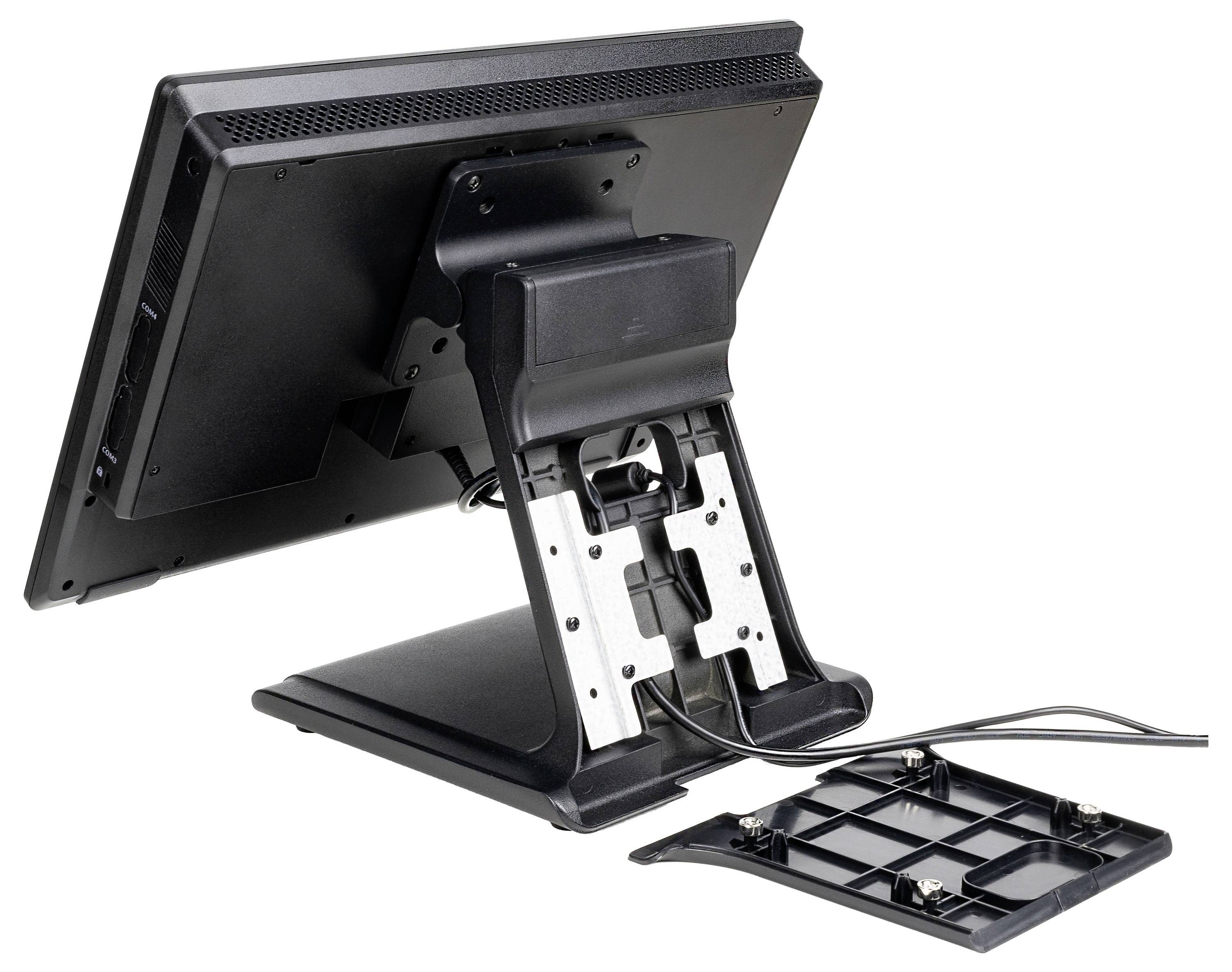 Widok z tyłu zdejmowanego stojaka na monitor z przewodami; przedstawia punkt połączenia między monitorem a stojakiem.