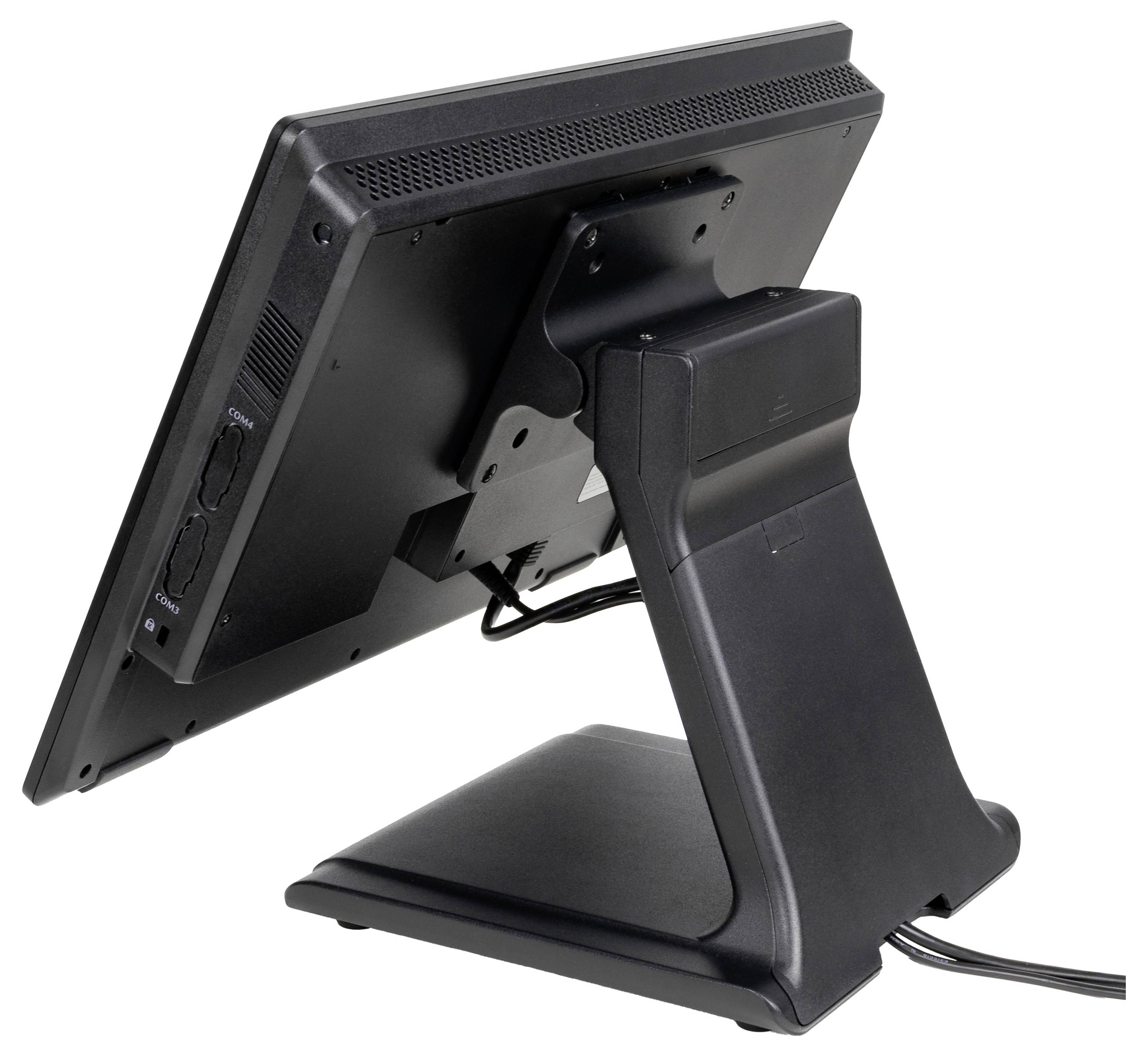 Czarny monitor komputerowy widziany od tyłu, zamocowany na statywie, z widocznymi złączami przewodów po lewej stronie.