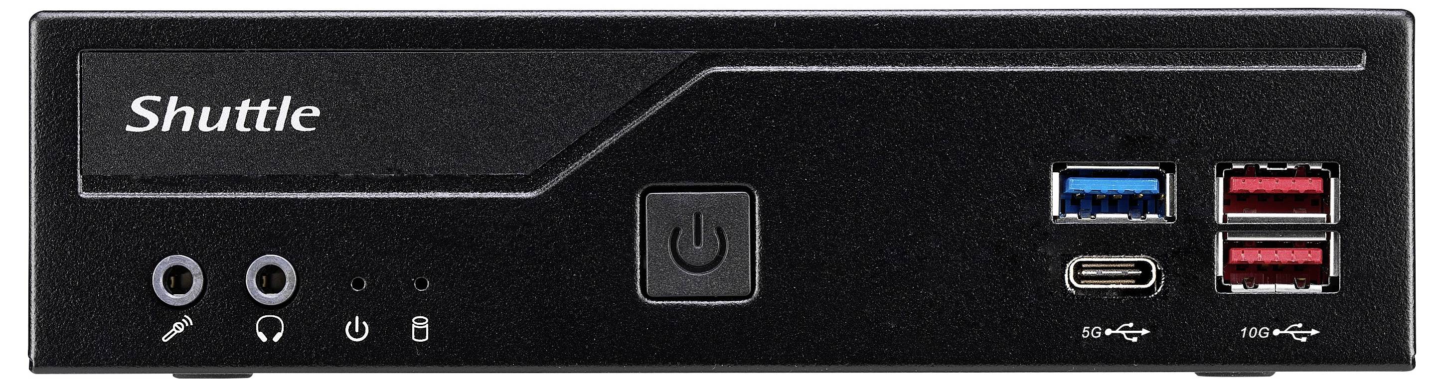 Czarny mini-komputer Shuttle, widok z przodu: przełącznik włączania/wyłączania, złącza audio, porty USB. Kompaktowa konstrukcja do różnorodnych zastosowań.