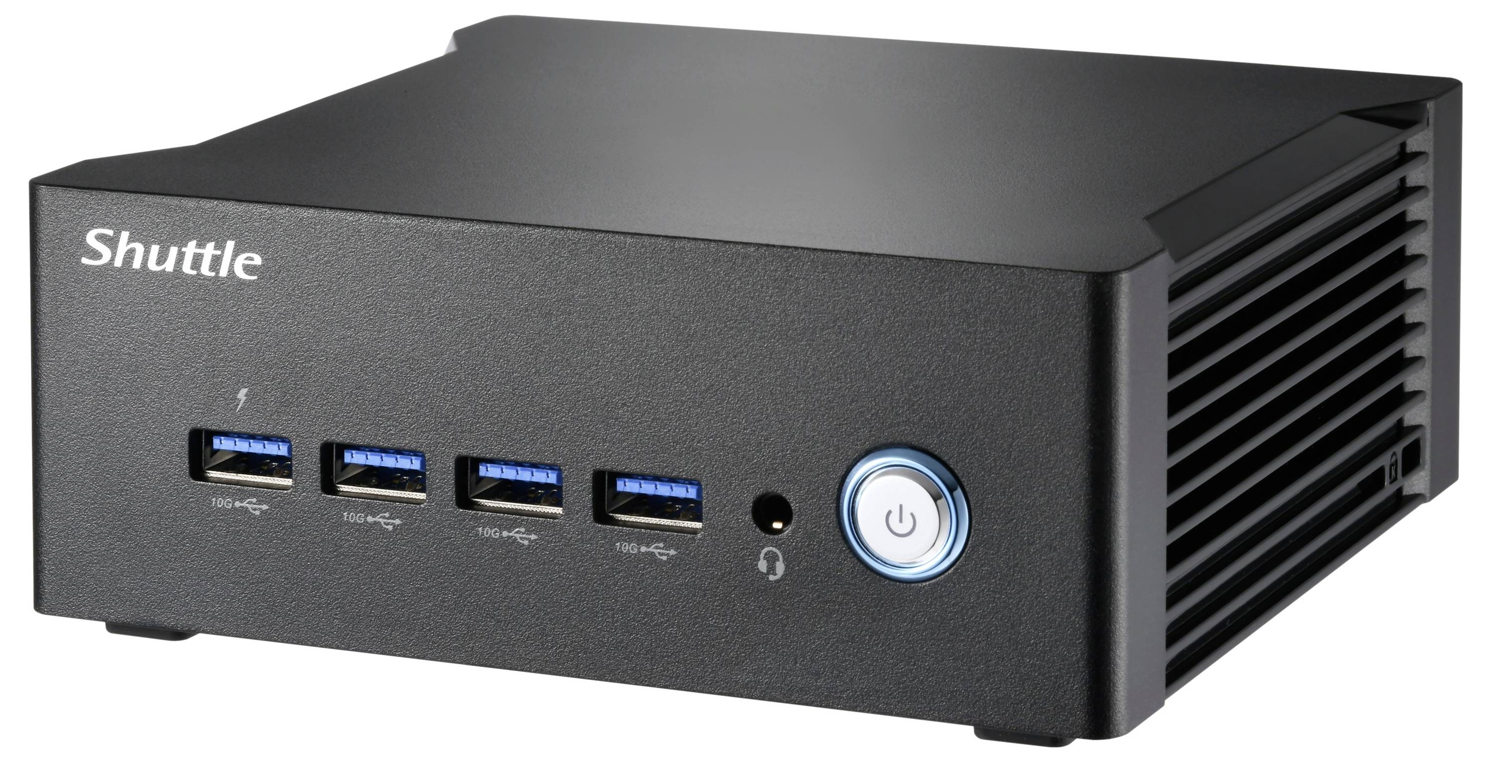 Czarny mini-komputer z napisem 'Shuttle', czterema złączami USB i świecącym przyciskiem zasilania z przodu.